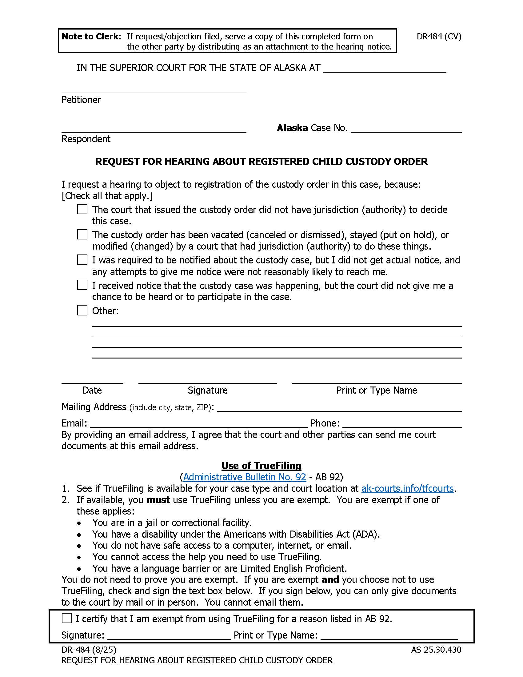 Request For Hearing On Registered Child Custody Order {DR-484} | Pdf Fpdf Doc Docx | Alaska