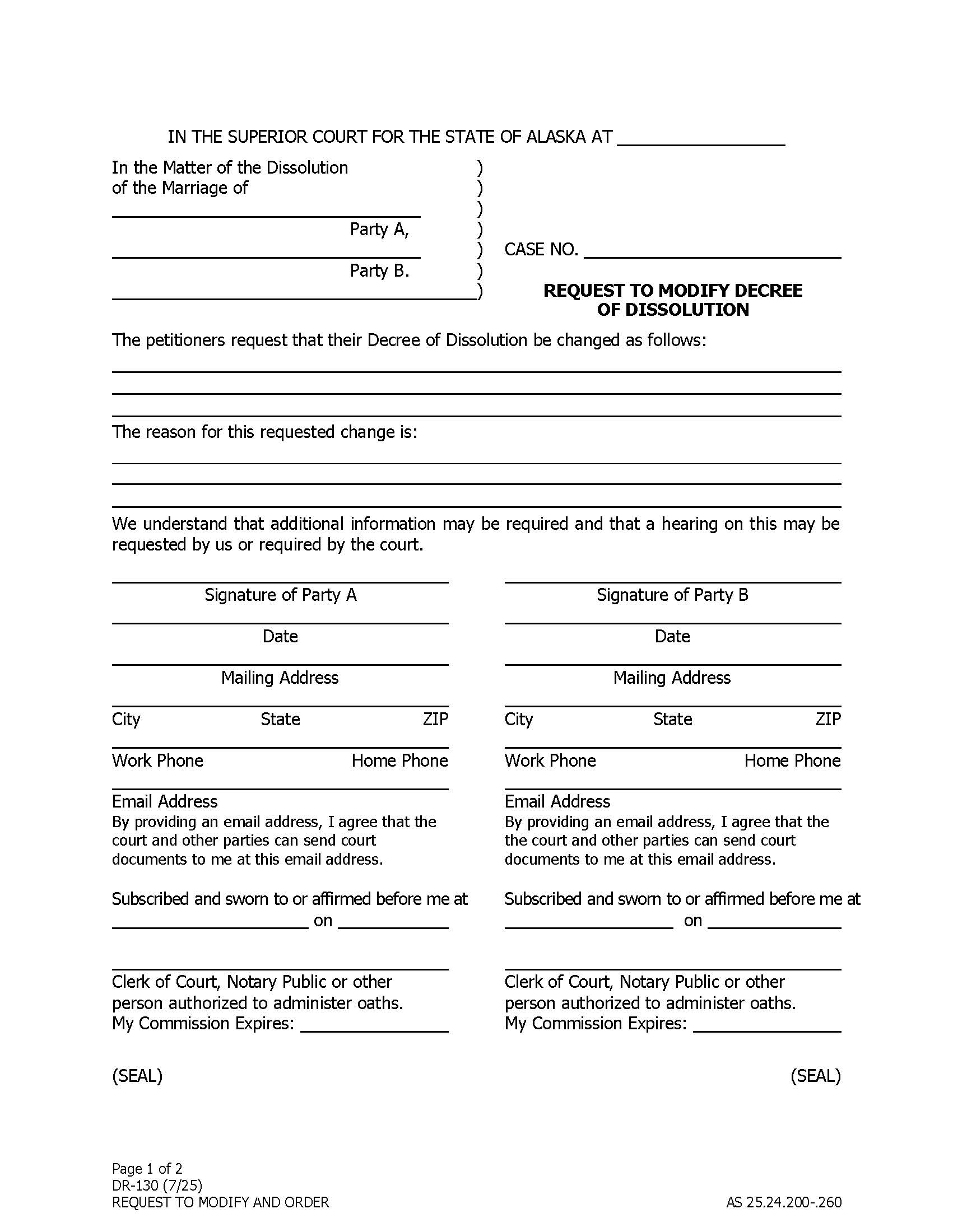 Request To Modify Decree Of Dissolution {DR-130} | Pdf Fpdf Docx | Alaska