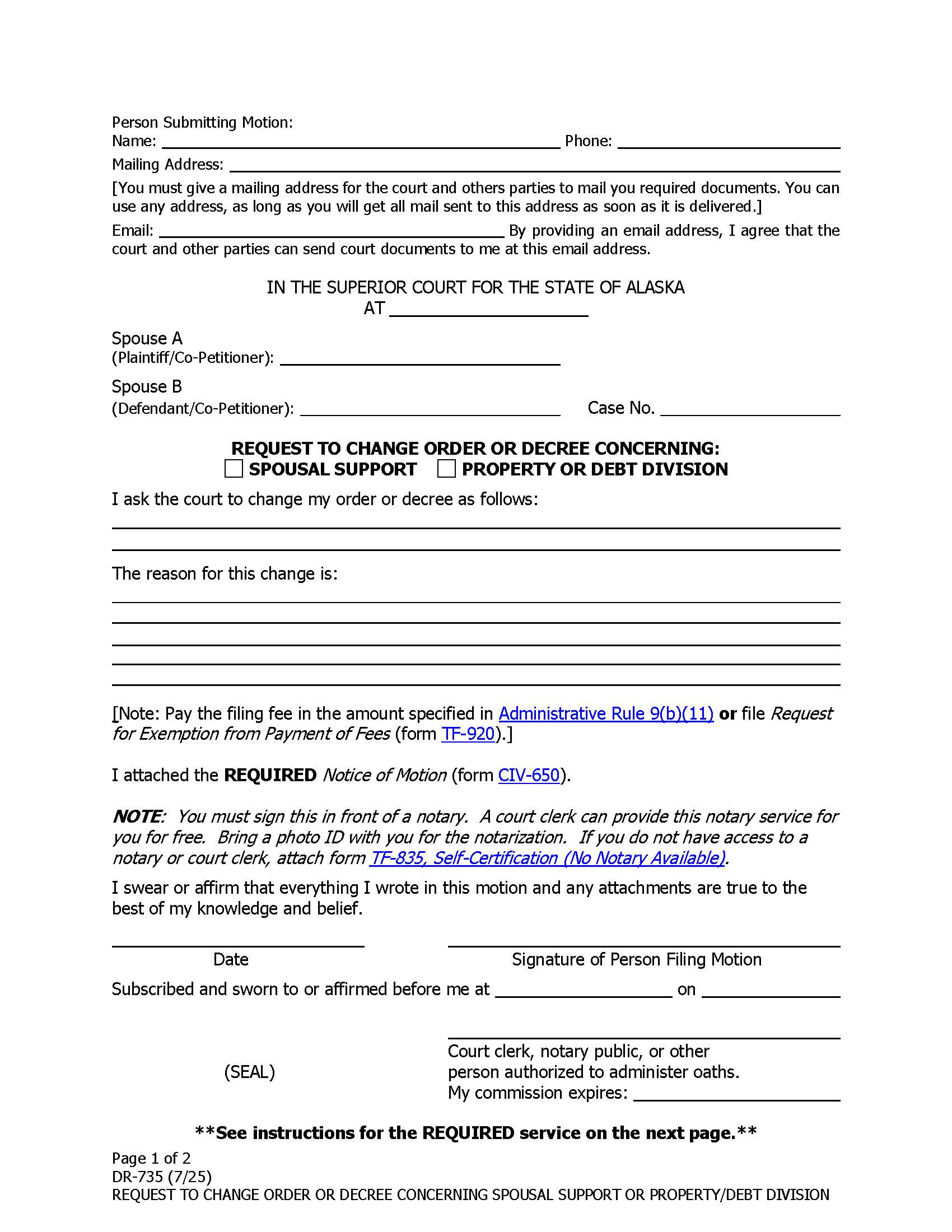 Request To Modify Order Or Decree Concerning Spousal Maintenance-Property Allocation {DR-735} | Pdf Fpdf Docx | Alaska