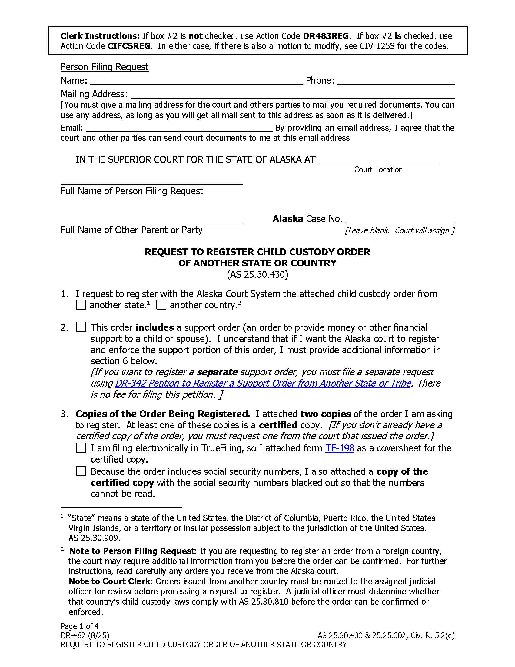 Request To Register Child Custody Order Of Another State Or Country {DR-482} | Pdf Fpdf Docx | Alaska