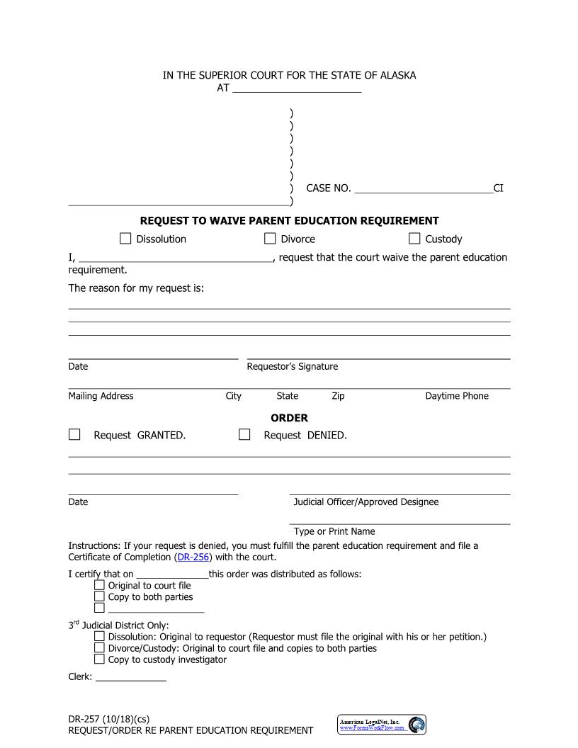 Request To Waive Parent Education Requirement {DR-257} | Pdf Fpdf Docx | Alaska
