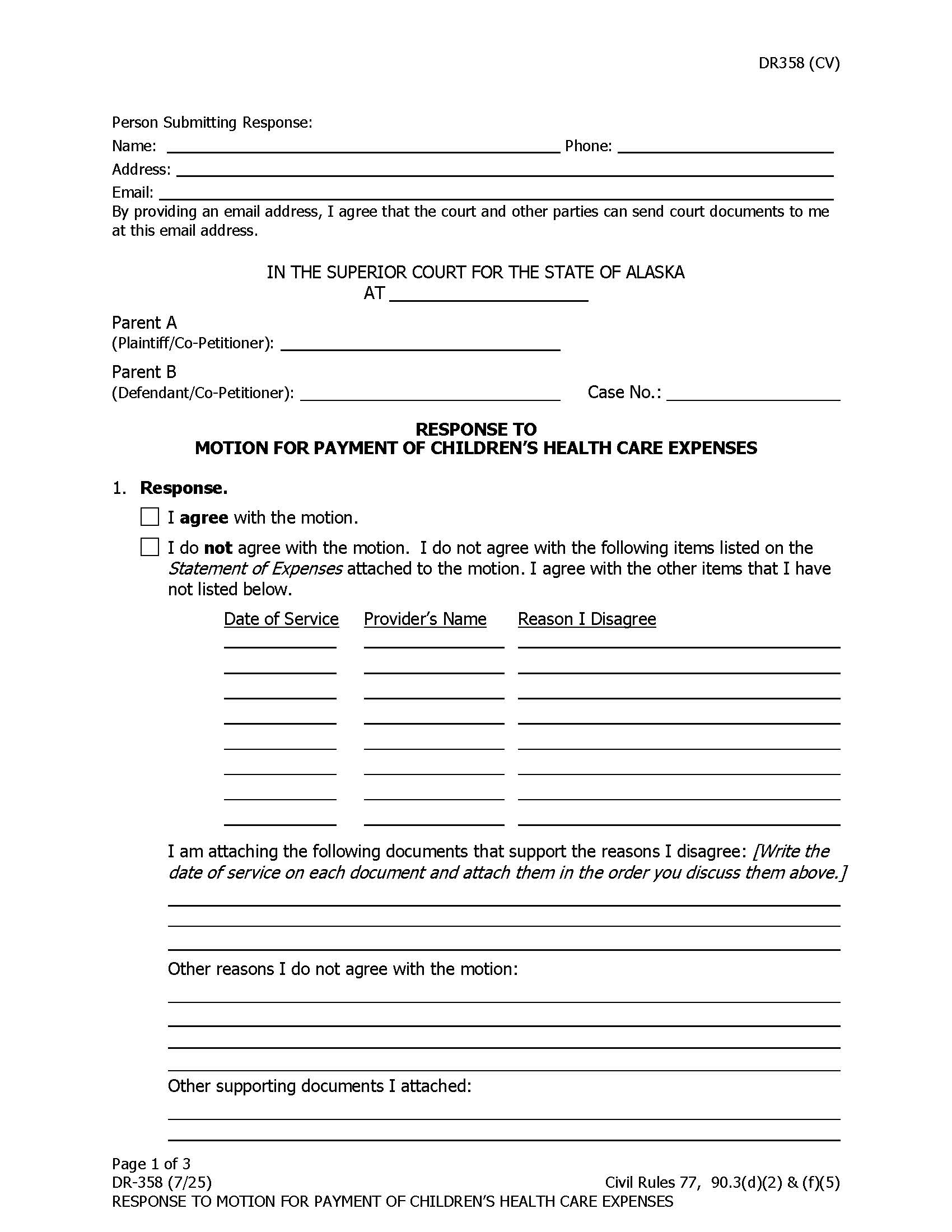Response To Motion For Payment Of Childrens Health Care Expenses {DR-358} | Pdf Fpdf Doc Docx | Alaska