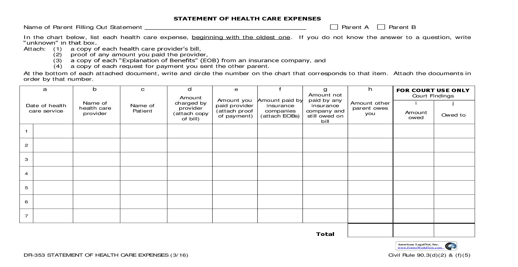 Statement Of Health Care Expenses {DR-353} | Pdf Fpdf Doc Docx | Alaska