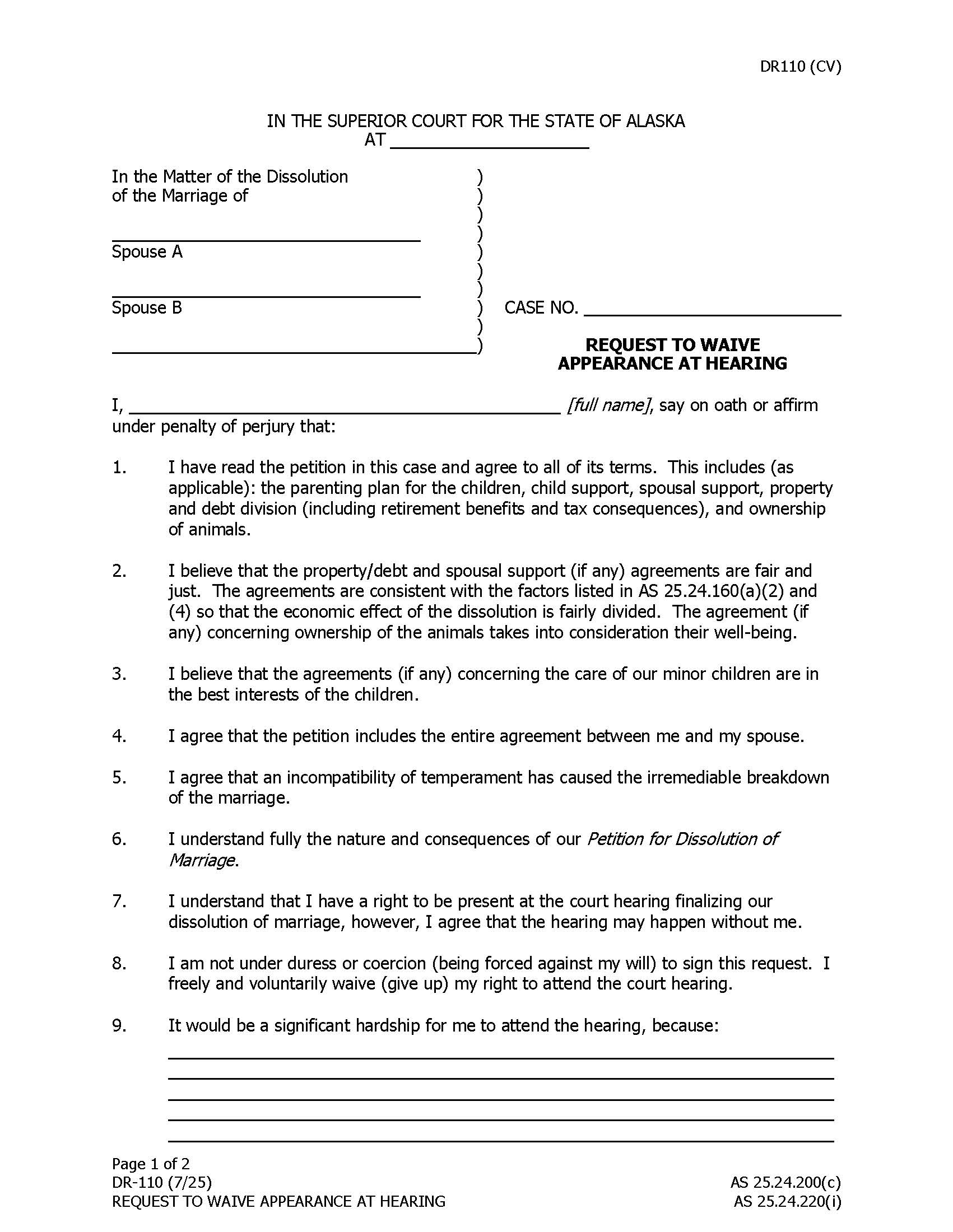 Waiver Of Appearance At Hearing {DR-110} | Pdf Fpdf Docx | Alaska