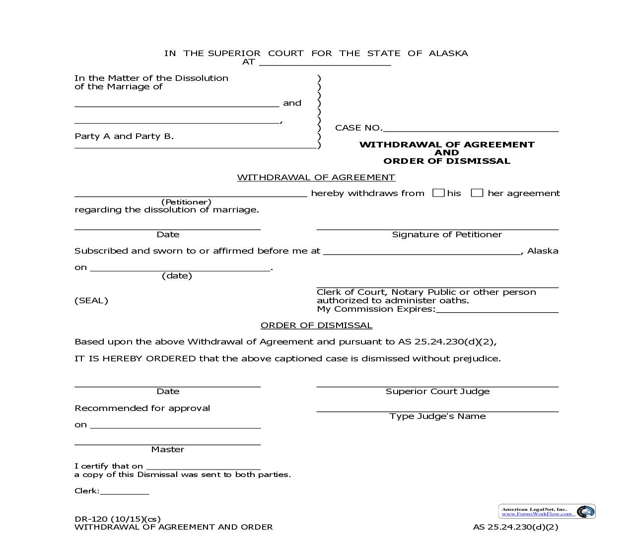 Withdrawal Of Agreement And Order Of Dismissal {DR-120} | Pdf Fpdf Docx | Alaska