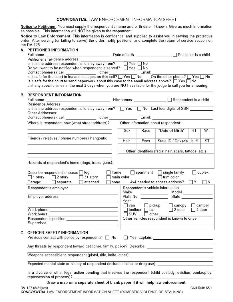 Law Enforcement Information Sheet {DV-127} | Pdf Fpdf Doc Docx | Alaska