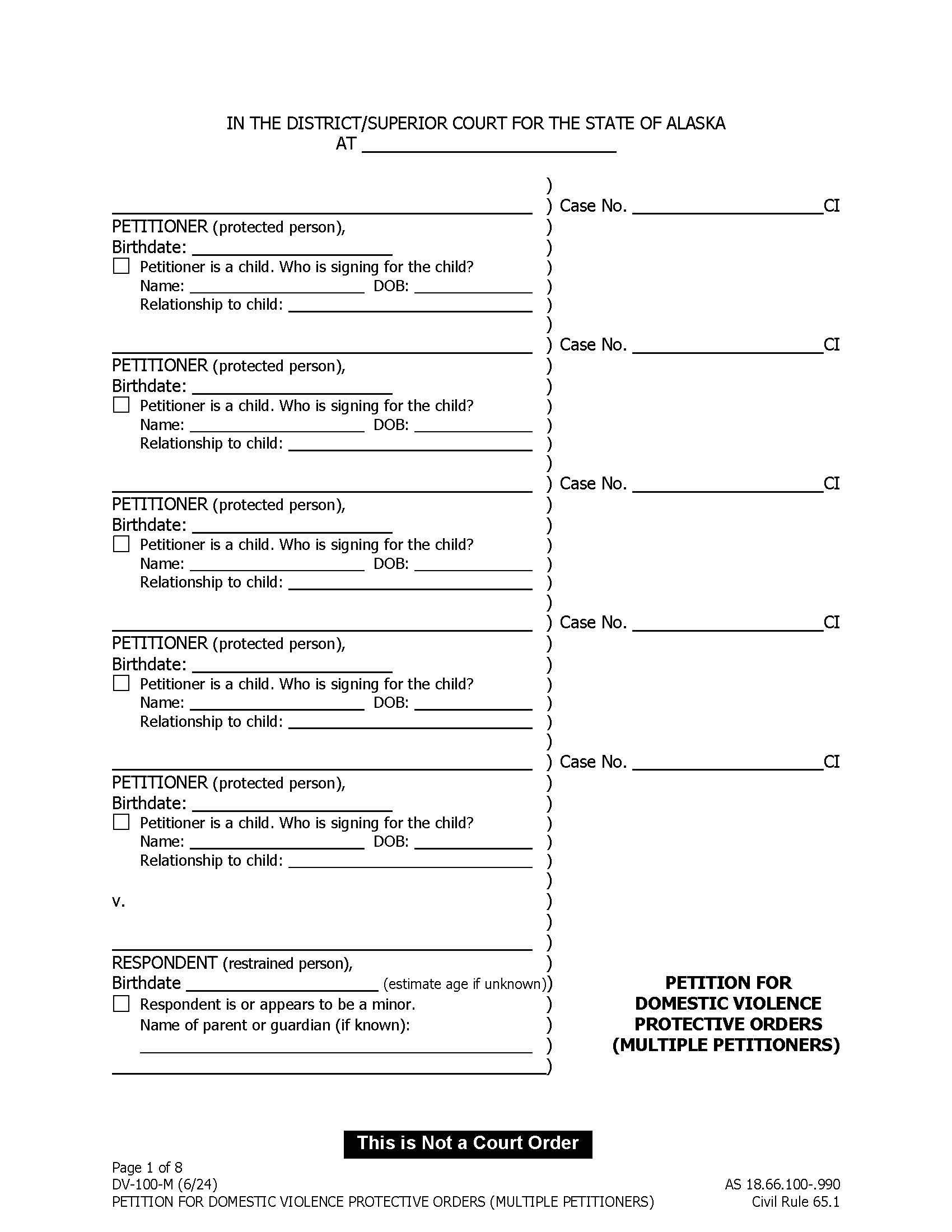 Petition For Domestic Violence Protective Order Multiple Petitioners {DV-100-M and DV-127} | Pdf Fpdf Doc Docx | Alaska