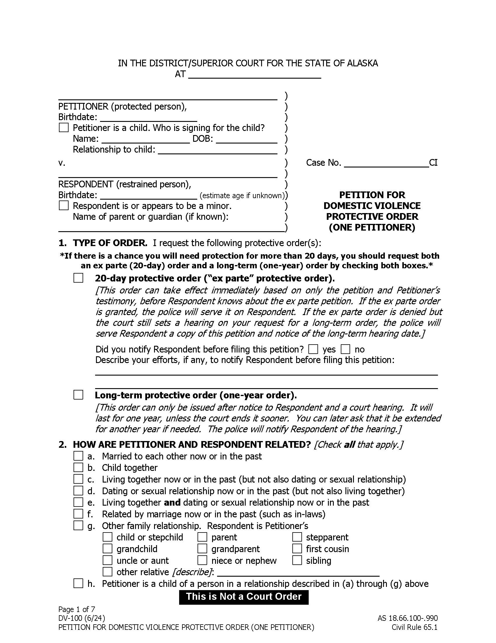 Petition For Domestic Violence Protective Order One Petitioner {DV-100 and DV-127} | Pdf Fpdf Doc Docx | Alaska