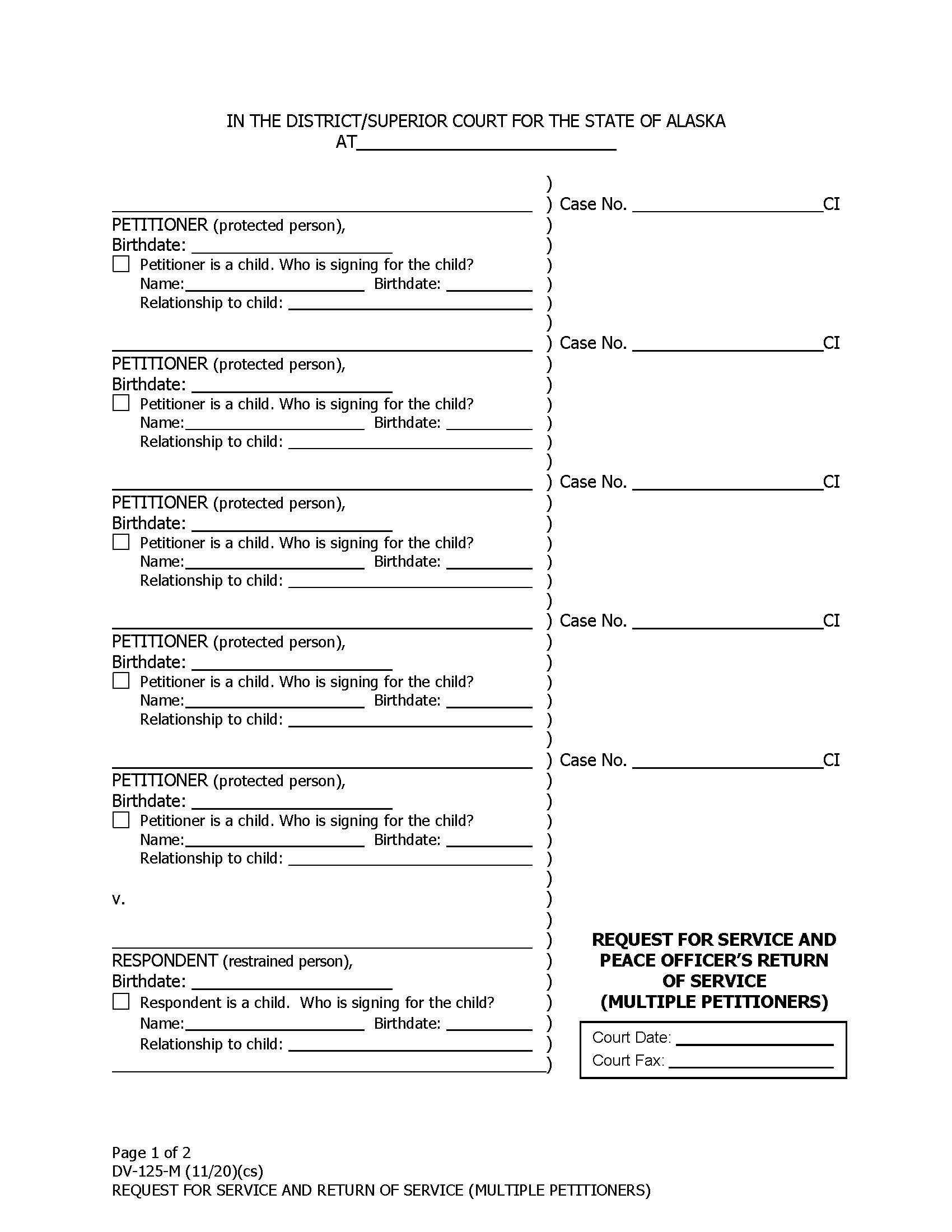 Request For Service And Peace Officers Return Of Service Multiple Petitioners {DV-125-M} | Pdf Fpdf Doc Docx | Alaska