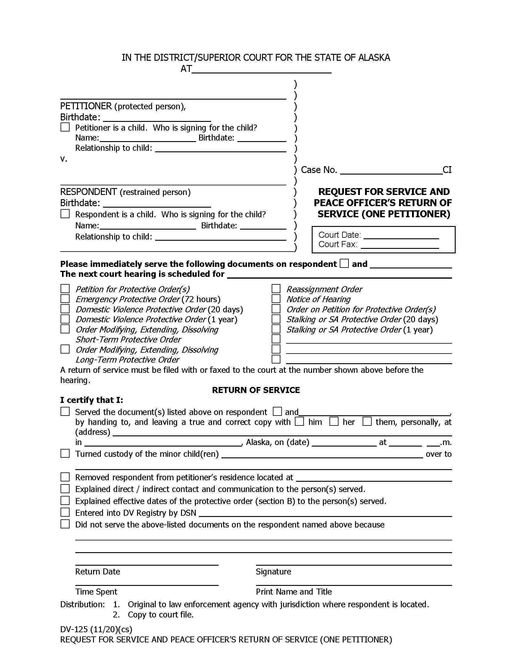 Request For Service And Peace Officers Return Of Service One Petitioner {DV-125} | Pdf Fpdf Doc Docx | Alaska