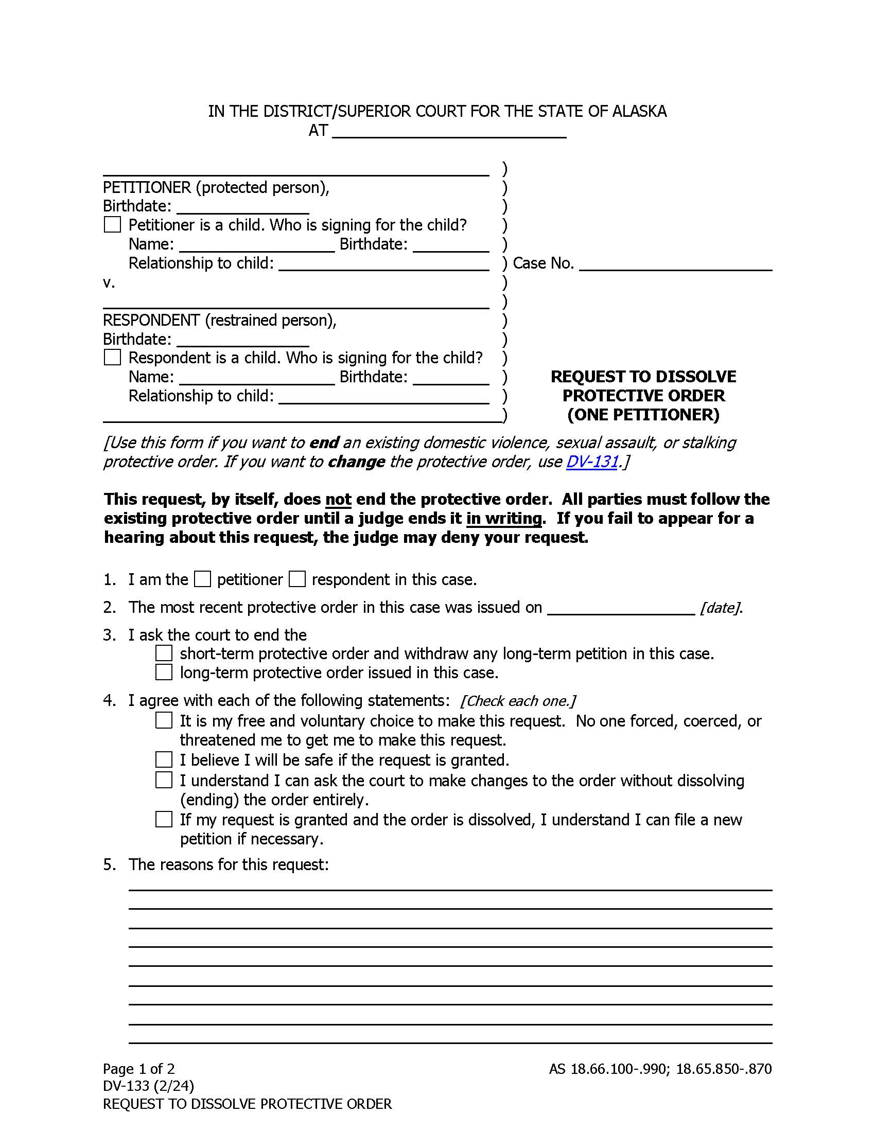 Request To Dissolve A Protective Order {DV-133} | Pdf Fpdf Docx | Alaska
