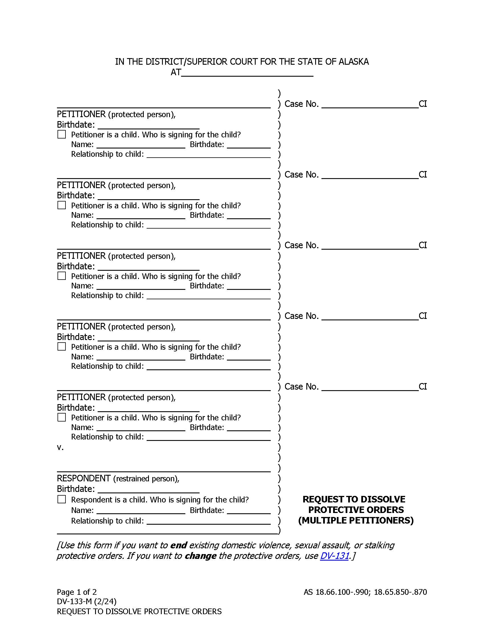 Request To Dissolve A Protective Order Multiple Petitioners {DV-133} | Pdf Fpdf Docx | Alaska