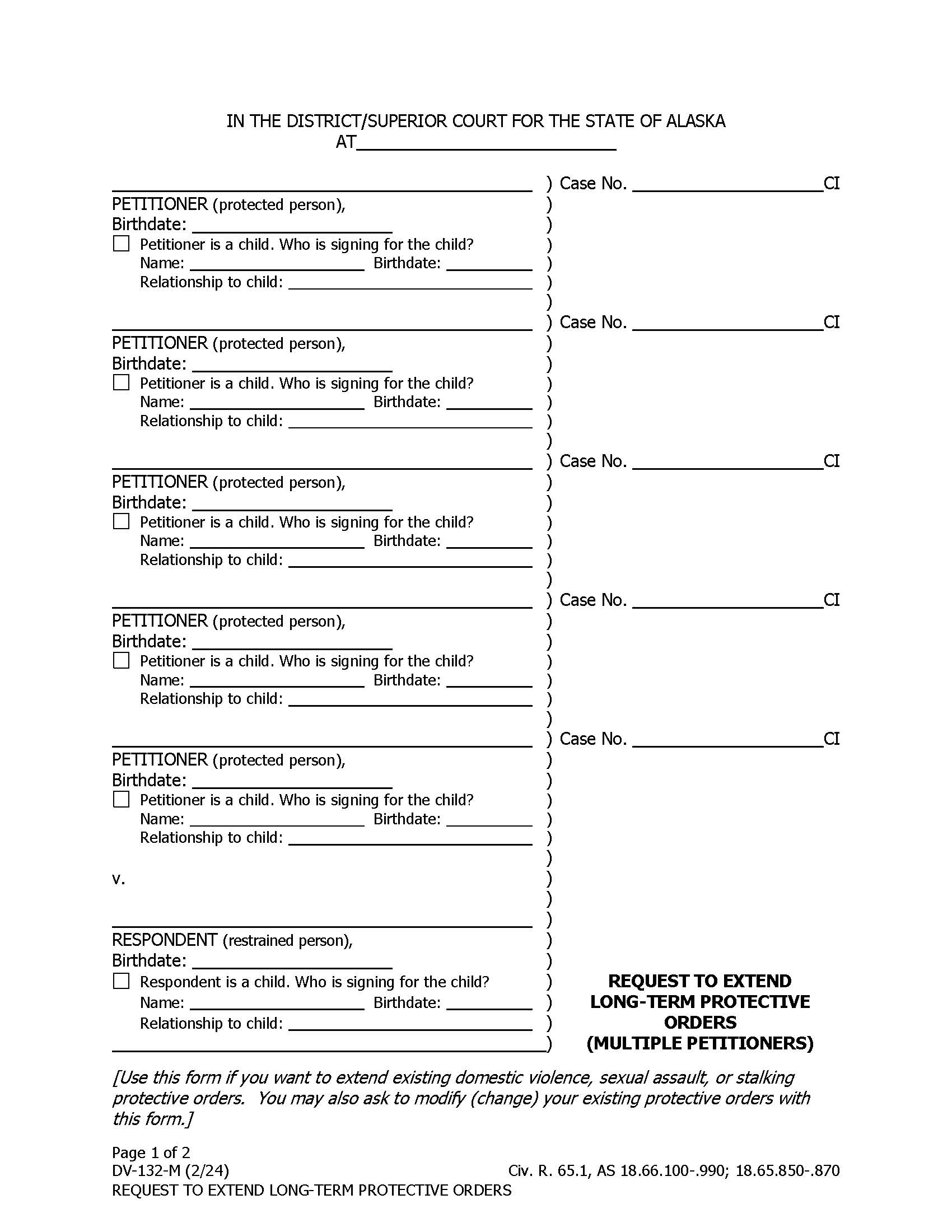Request To Extend Long Term Protective Order Multiple Petitioner {DV-132} | Pdf Fpdf Docx | Alaska