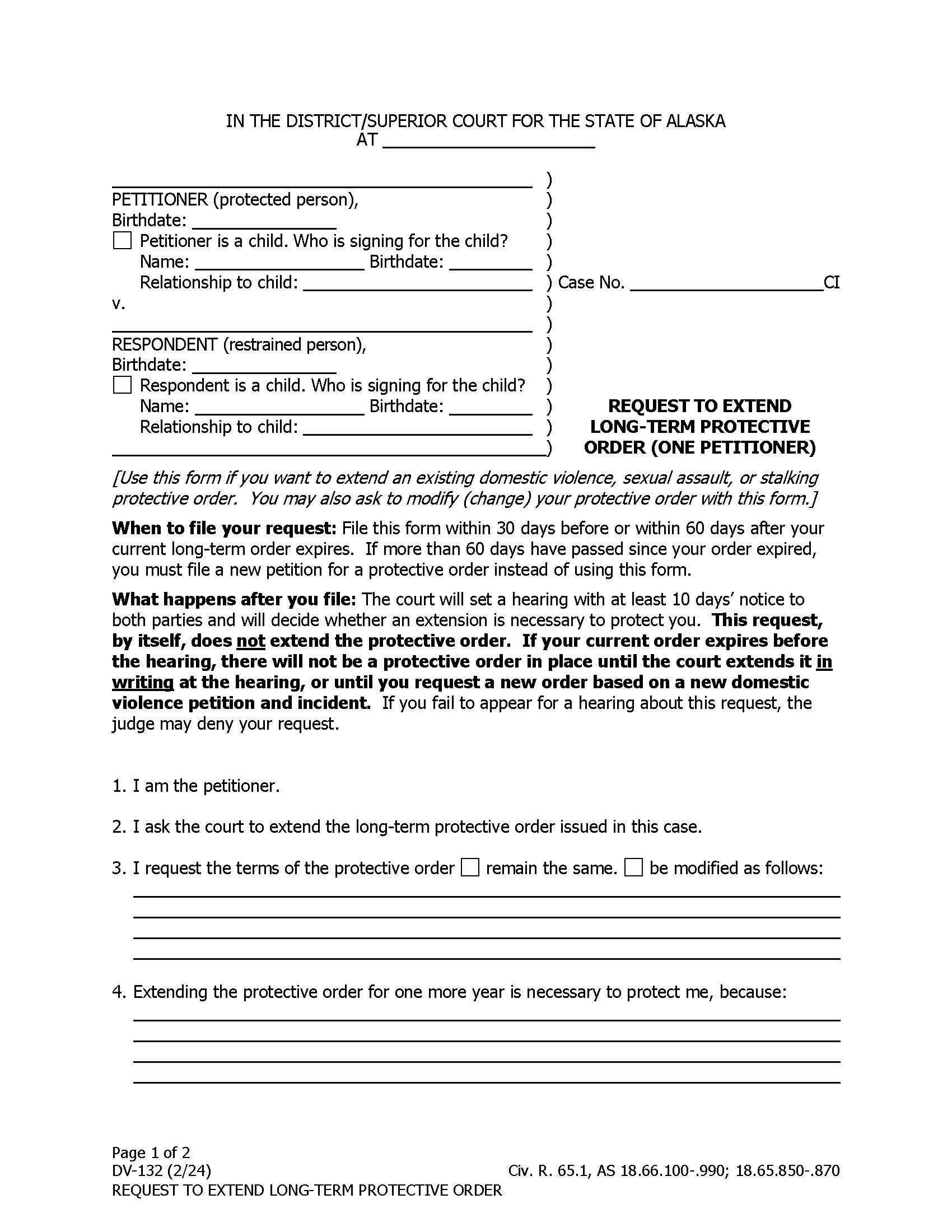 Request To Extend Long Term Protective Order One Petitioner {DV-132} | Pdf Fpdf Docx | Alaska
