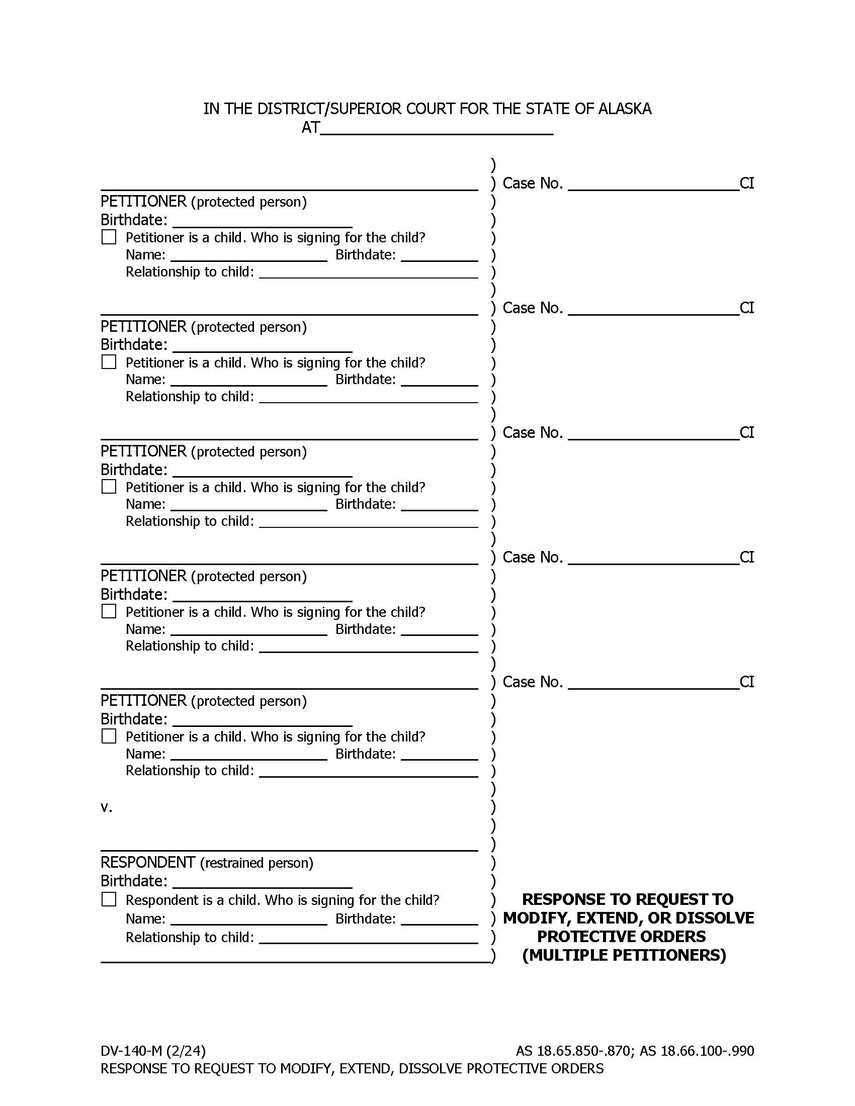 Response To Request To Modify Or Dissolve Protective Order Multiple Petitioners {DV-140M} | Pdf Fpdf Docx | Alaska