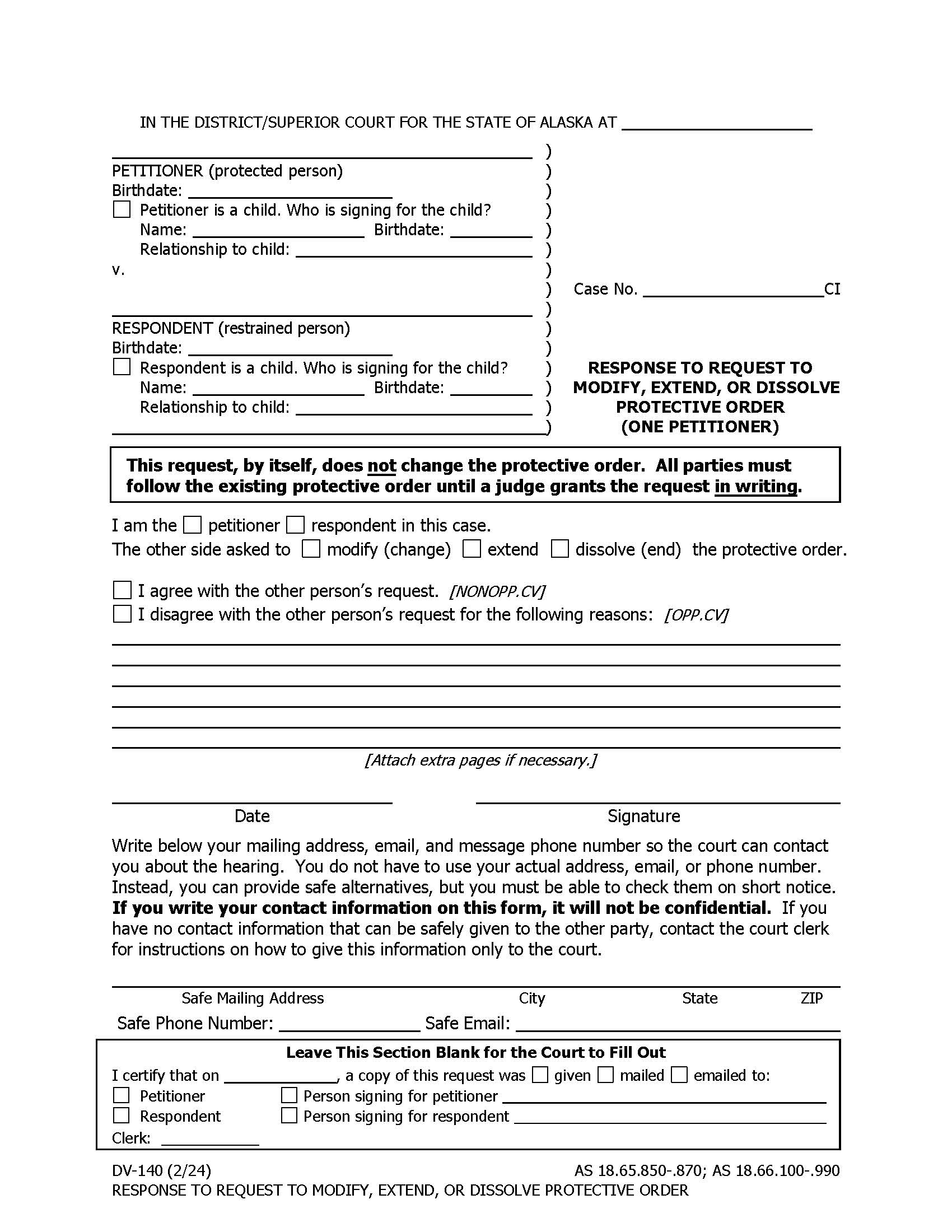 Response To Request To Modify Or Dissolve Protective Order One Petitioner {DV-140} | Pdf Fpdf Docx | Alaska