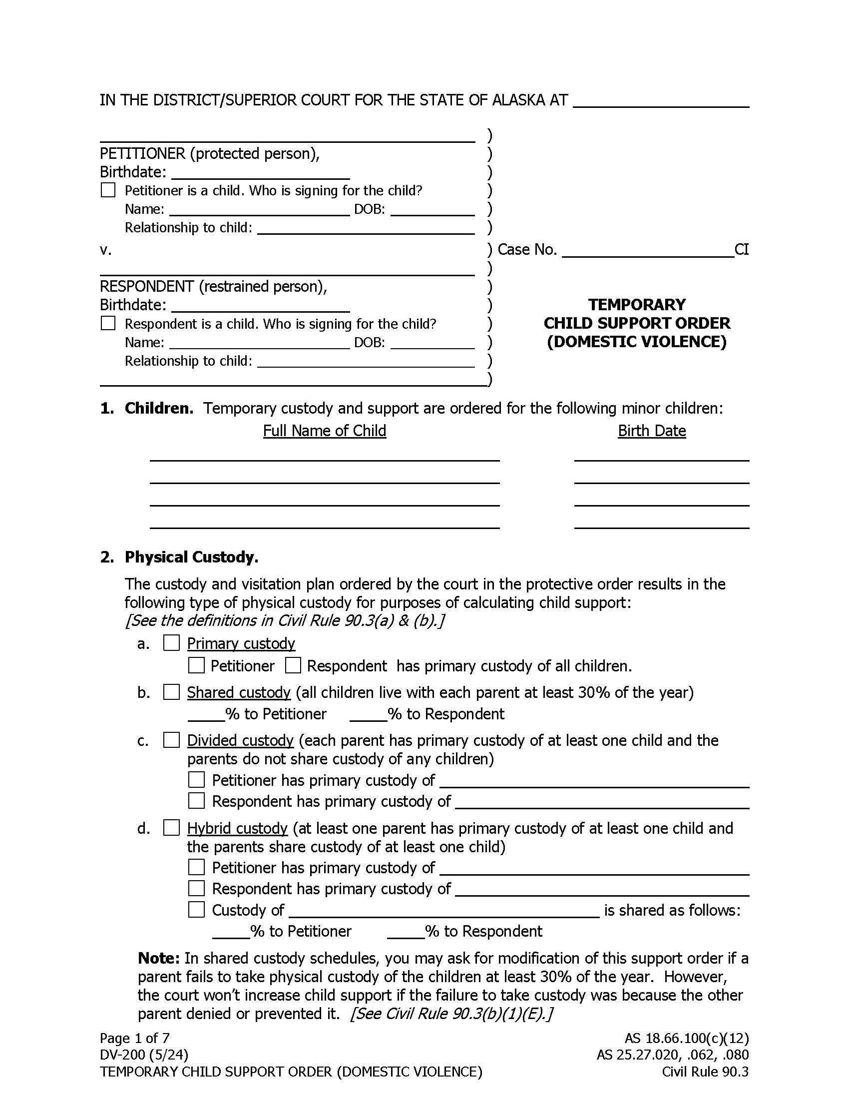 Temporary Child Support Order Domestic Violence {DV-200} | Pdf Fpdf Docx | Alaska