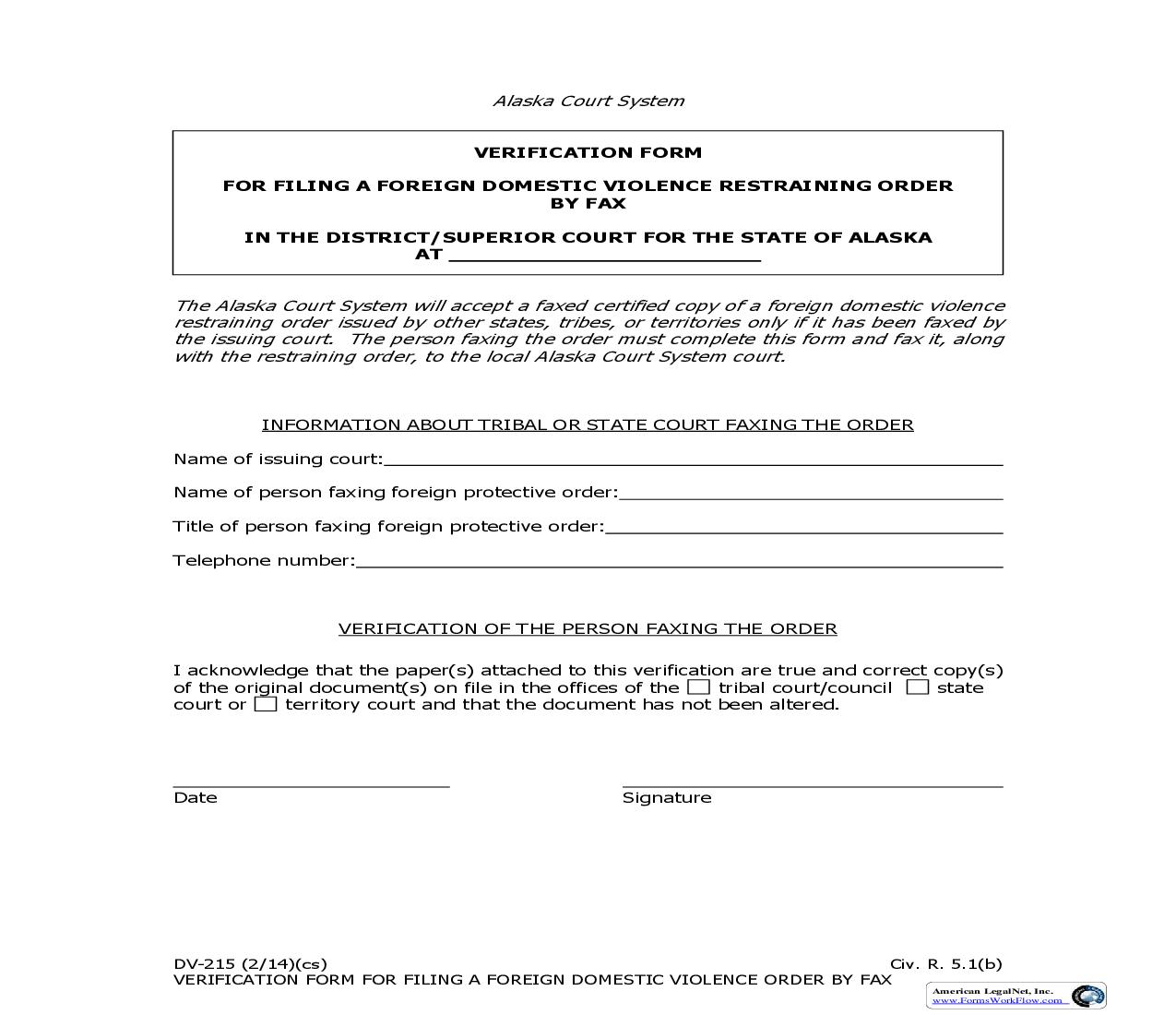 Verification Form For Filing A Foreign Domestic Violence Restraining Order {DV-215} | Pdf Fpdf Doc Docx | Alaska