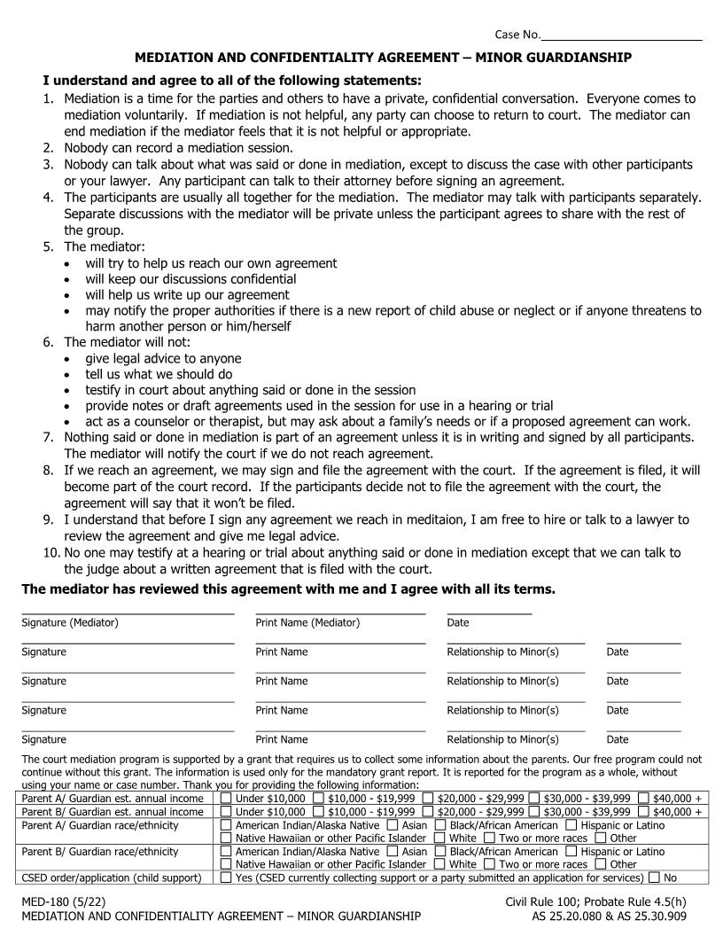 Mediation And Confidentiality Agreement Minor Guardianship {MED-180} | Pdf Fpdf Docx | Alaska