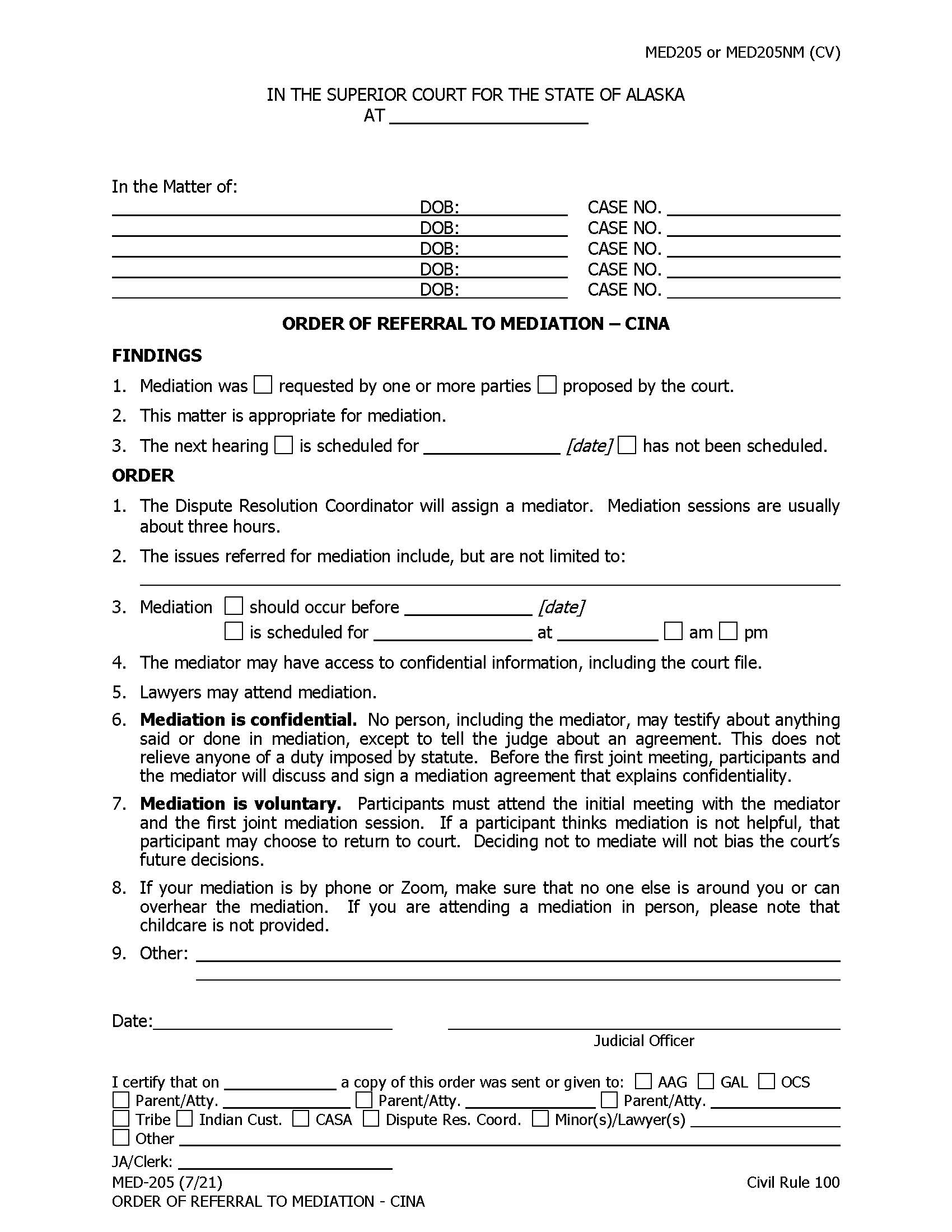 Order Of Referral To Mediation CINA {MED-205} | Pdf Fpdf Docx | Alaska