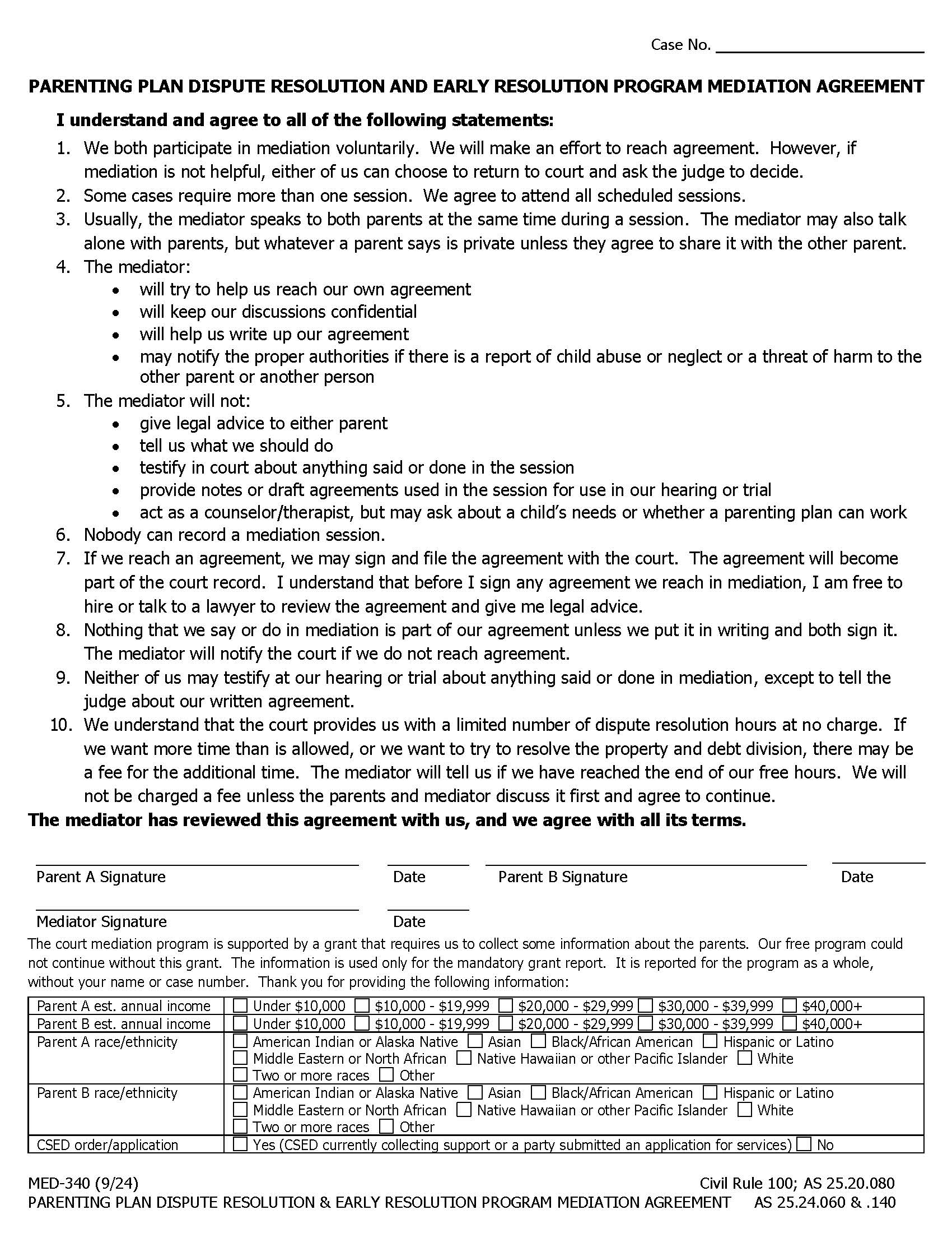 Parenting Plan Dispute Resolution {MED-340} | Pdf Fpdf Docx | Alaska