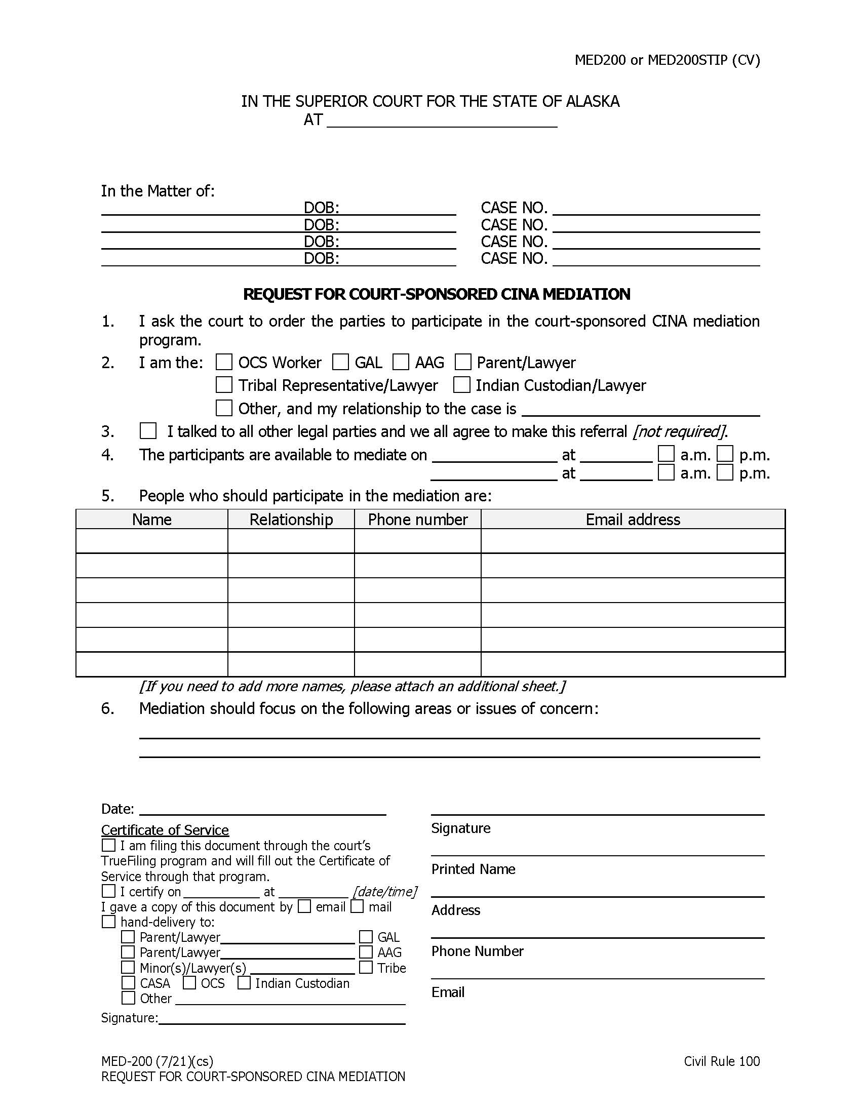 Request For Court Sponsored CINA Mediation {MED-200} | Pdf Fpdf Docx | Alaska