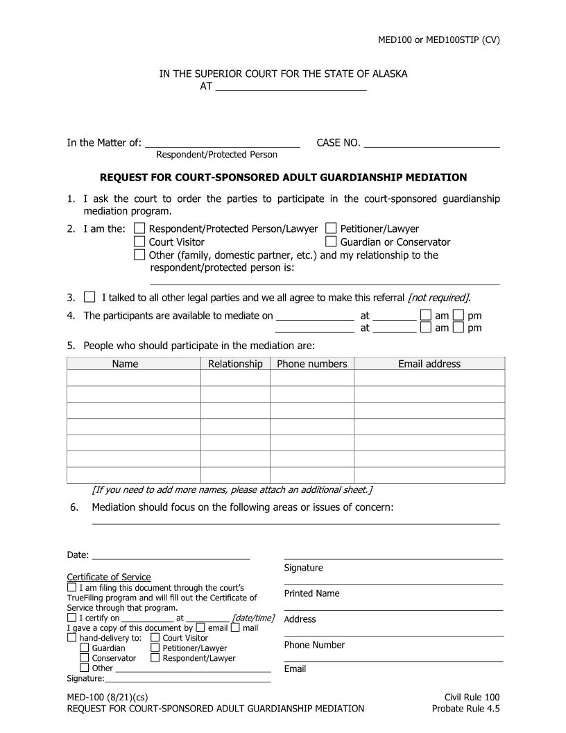 Request For Court Sponsored Guardianship Mediation {MED-100} | Pdf Fpdf Docx | Alaska