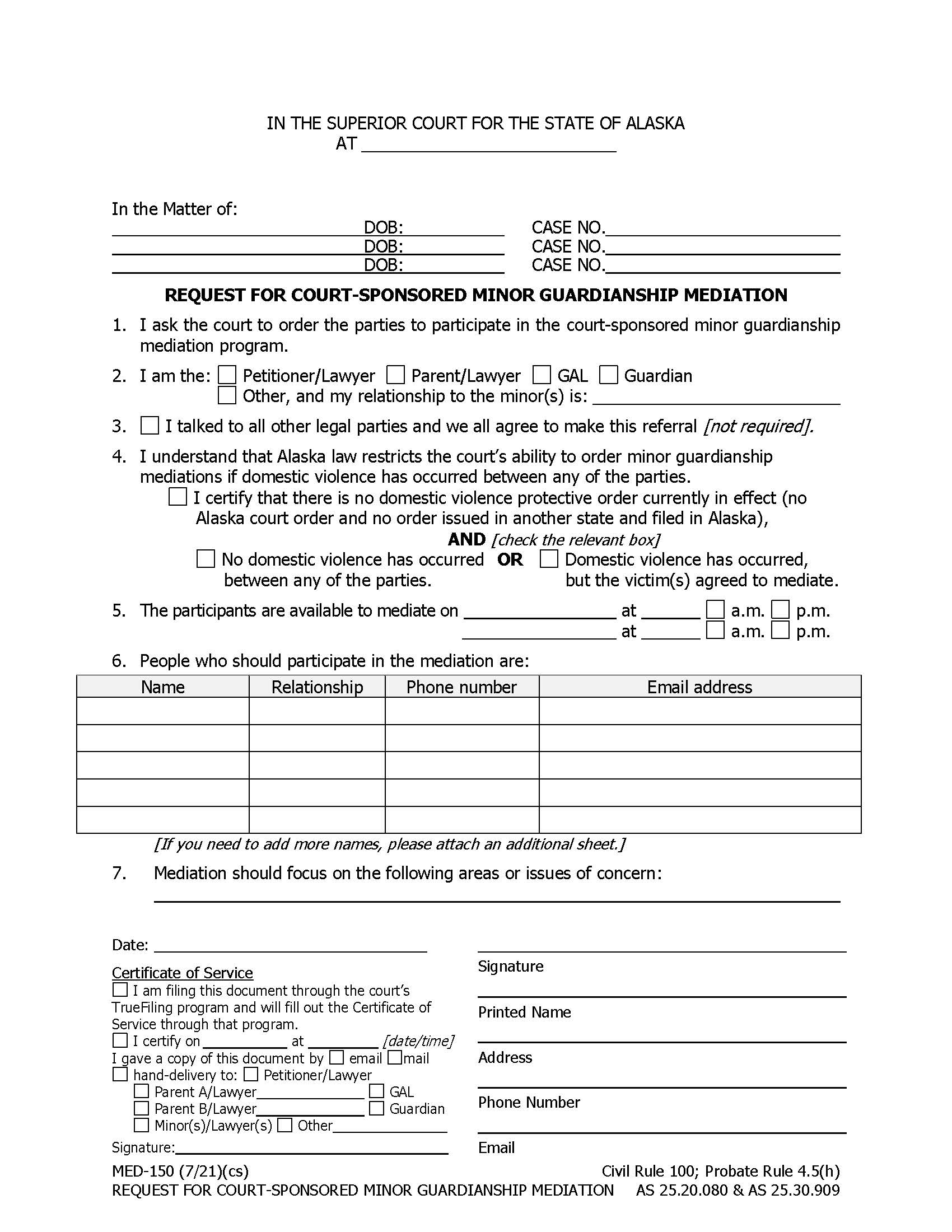 Request For Court Sponsored Minor Guardianship Mediation {MED-150} | Pdf Fpdf Docx | Alaska