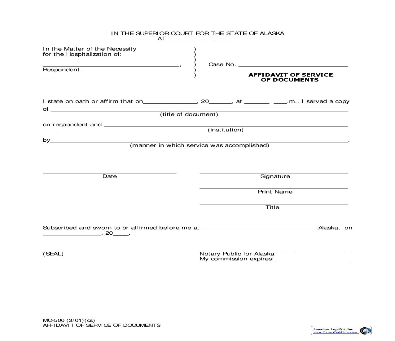 Affidavit Of Service Of Documents {MC-500} | Pdf Fpdf Doc Docx | Alaska