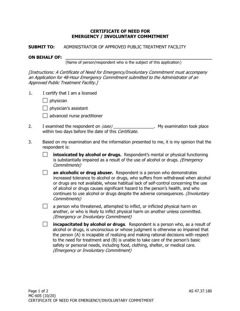 Certificate Of Need For Emergency-Involuntary Commitment {MC-605} | Pdf Fpdf Doc Docx | Alaska