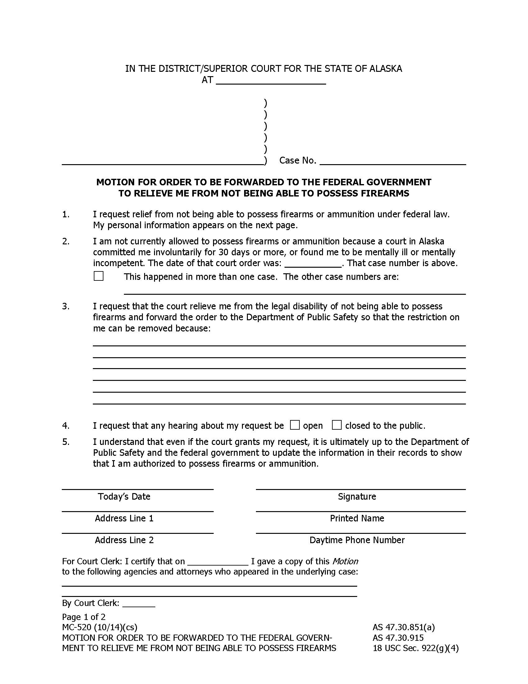 Motion For Order To Be Forwarded To The Federal Government {MC-520} | Pdf Fpdf Doc Docx | Alaska
