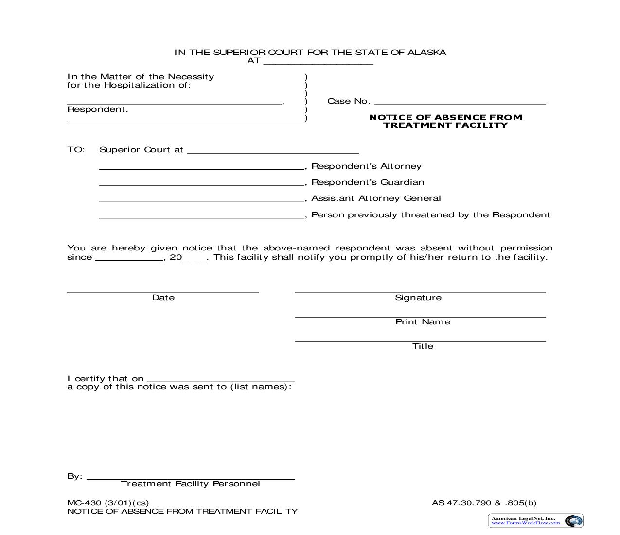 Notice Of Absence From Treatment Facility {MC-430} | Pdf Fpdf Doc Docx | Alaska