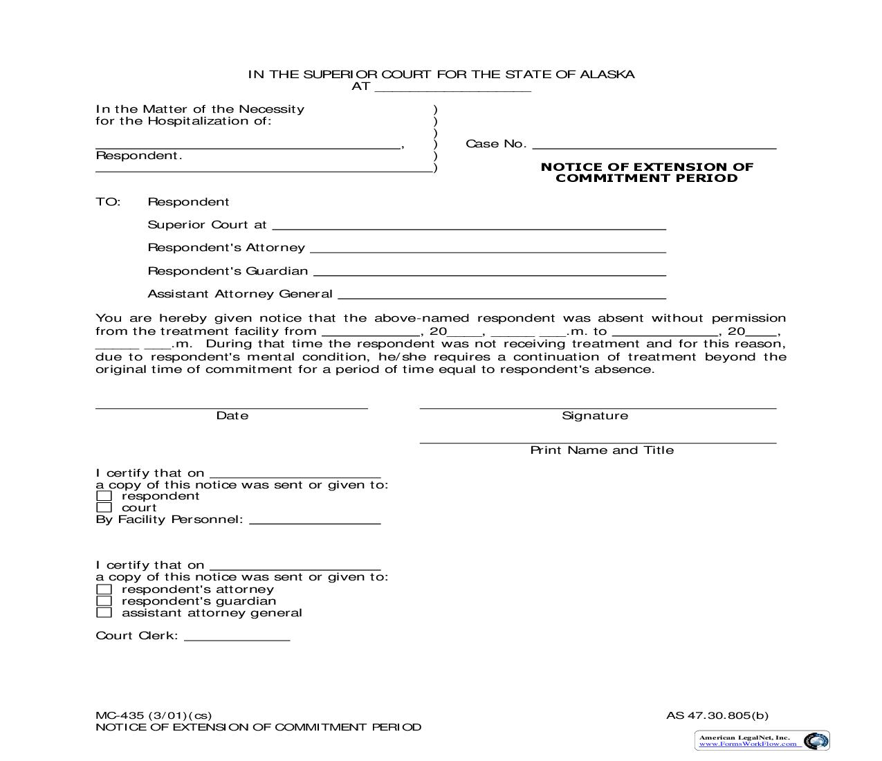 Notice Of Extension Of Commitment Period {MC-435} | Pdf Fpdf Doc Docx | Alaska