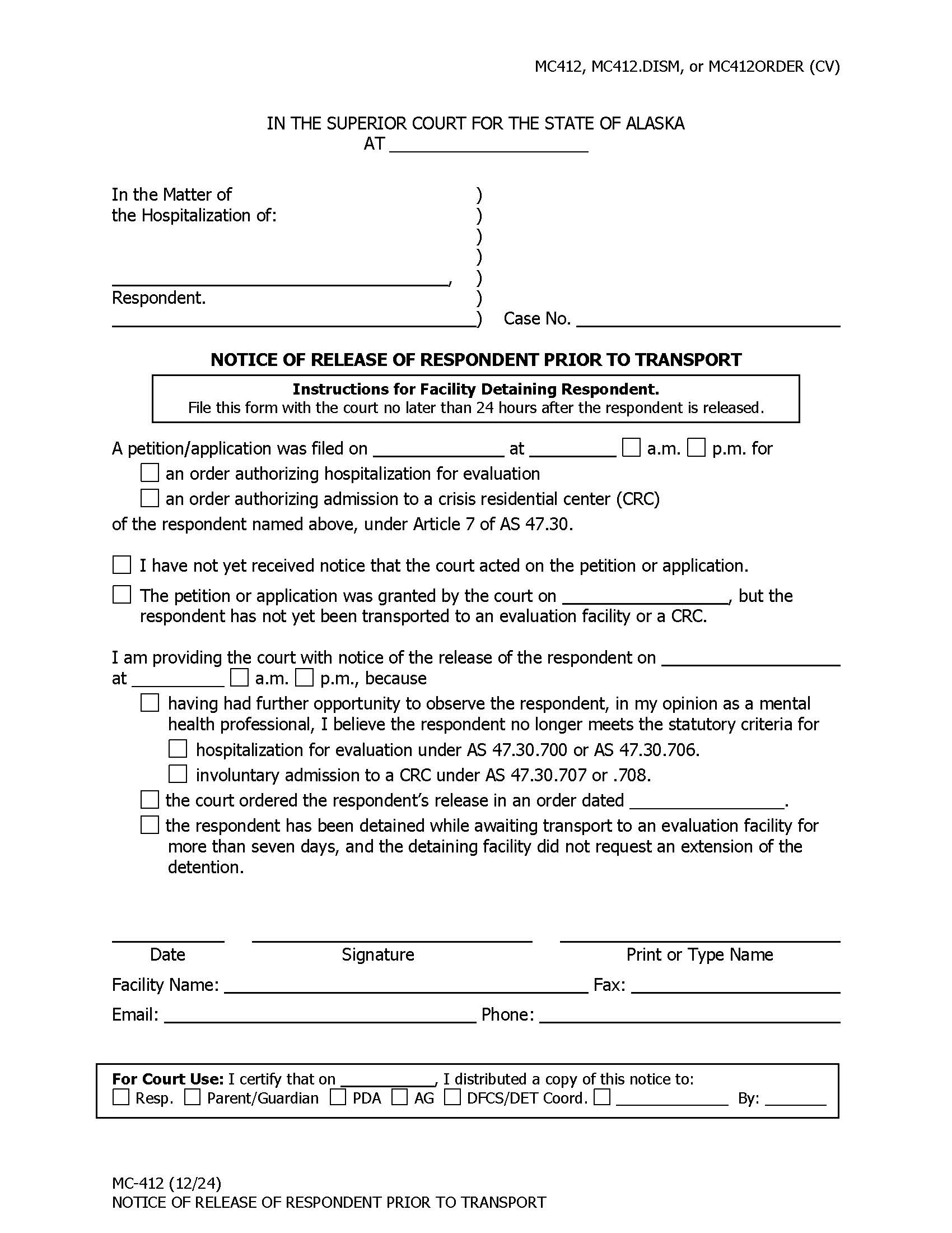 Notice Of Release Of Respondent Prior To Transport {MC-412} | Pdf Fpdf Doc Docx | Alaska
