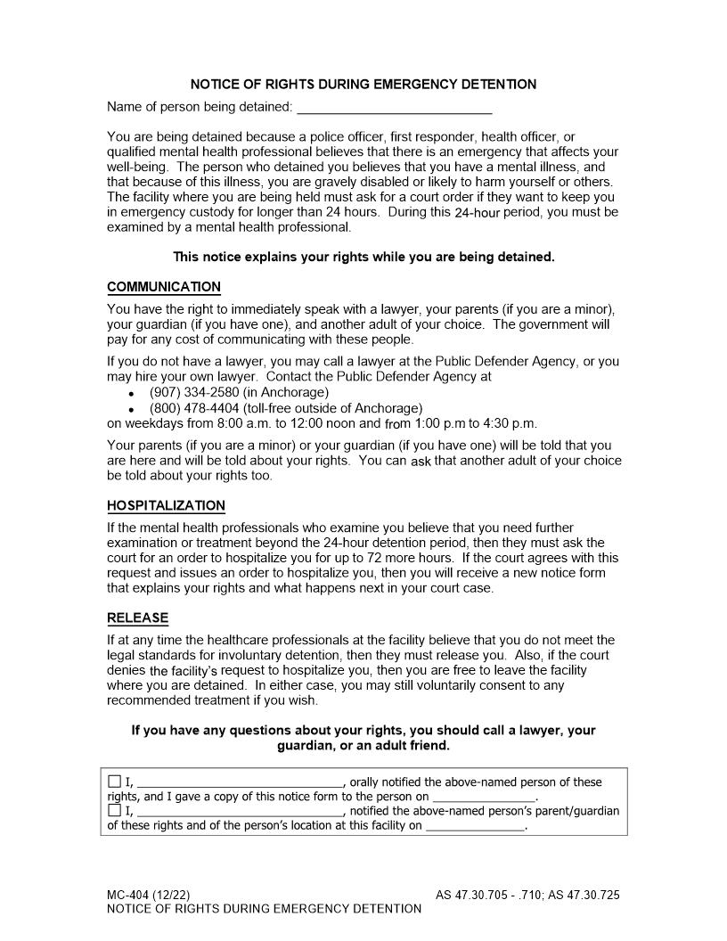 Notice Of Rights Upon Emergency Detention {MC-404} | Pdf Fpdf Doc Docx | Alaska