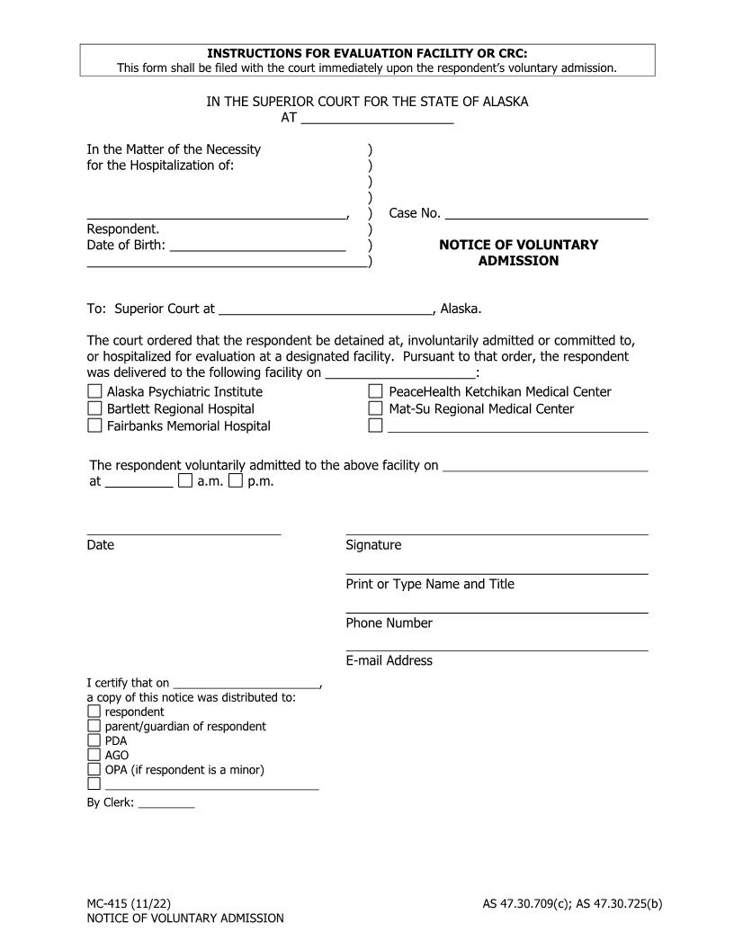 Notice Of Voluntary Admission {MC-415} | Pdf Fpdf Docx | Alaska