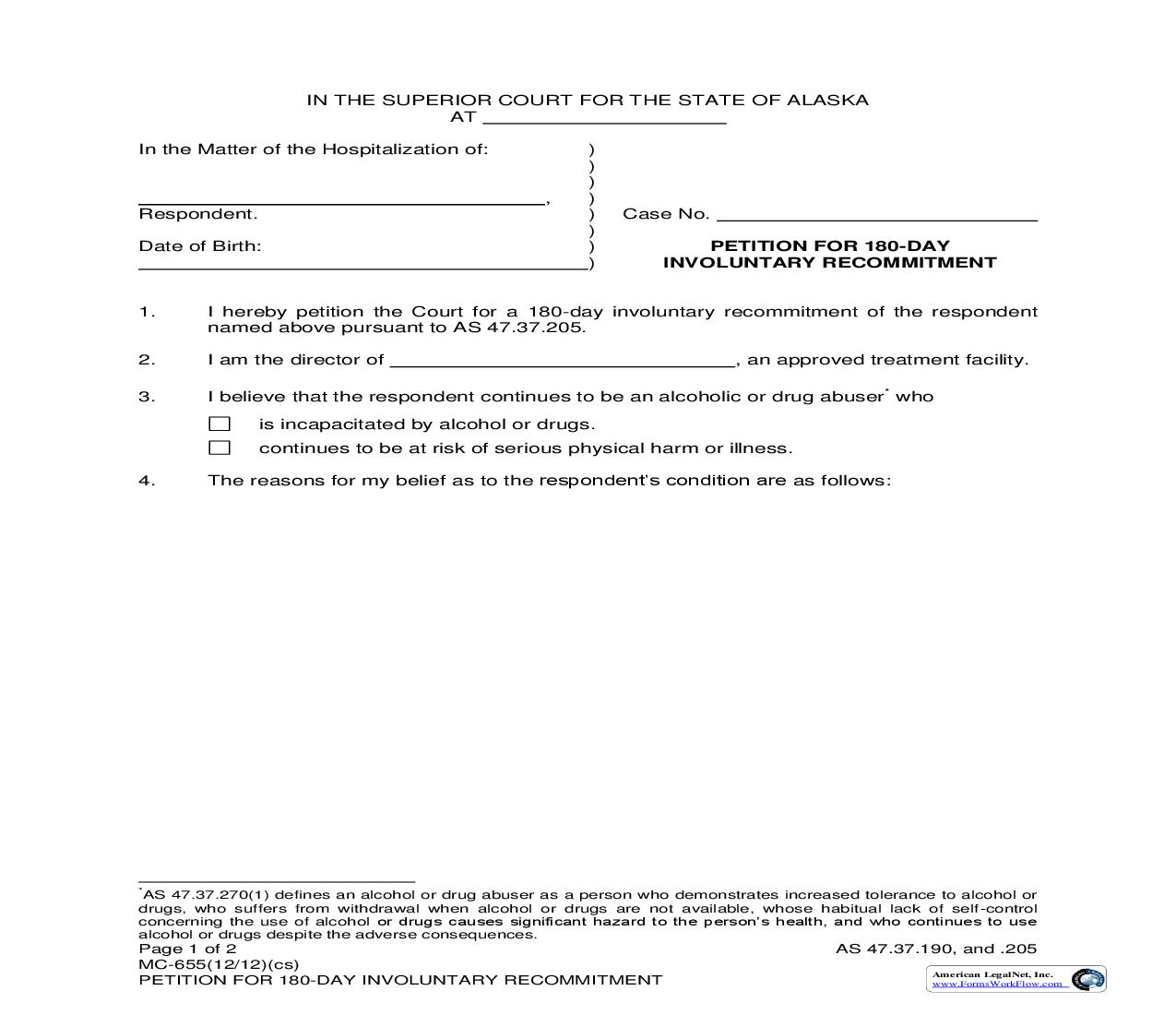 Petition For 180-Day Involuntary Recommitment {MC-655} | Pdf Fpdf Doc Docx | Alaska