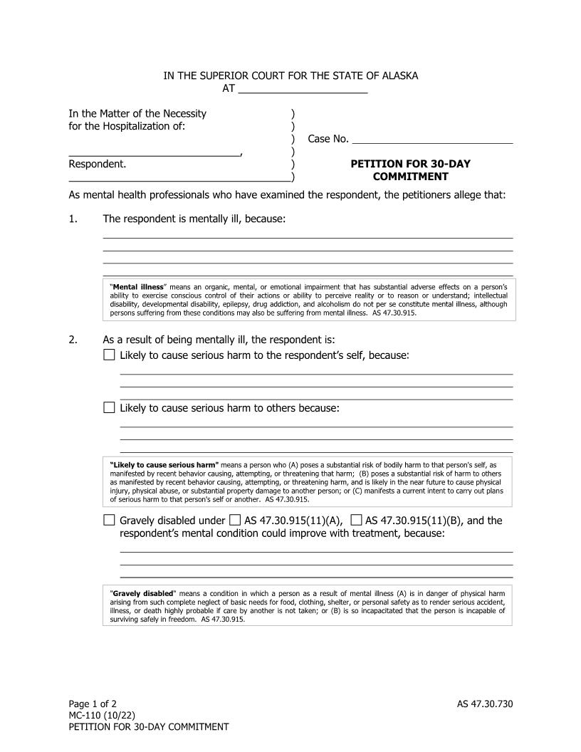 Petition For 30 Day Commitment {MC-110} | Pdf Fpdf Docx | Alaska