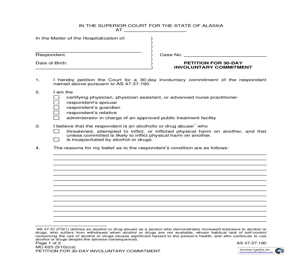 Petition For 30-Day Involuntary Commitment {MC-625} | Pdf Fpdf Doc Docx | Alaska