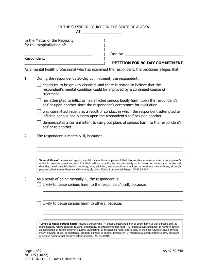 Petition For 90 Day Commitment {MC-115} | Pdf Fpdf Docx | Alaska