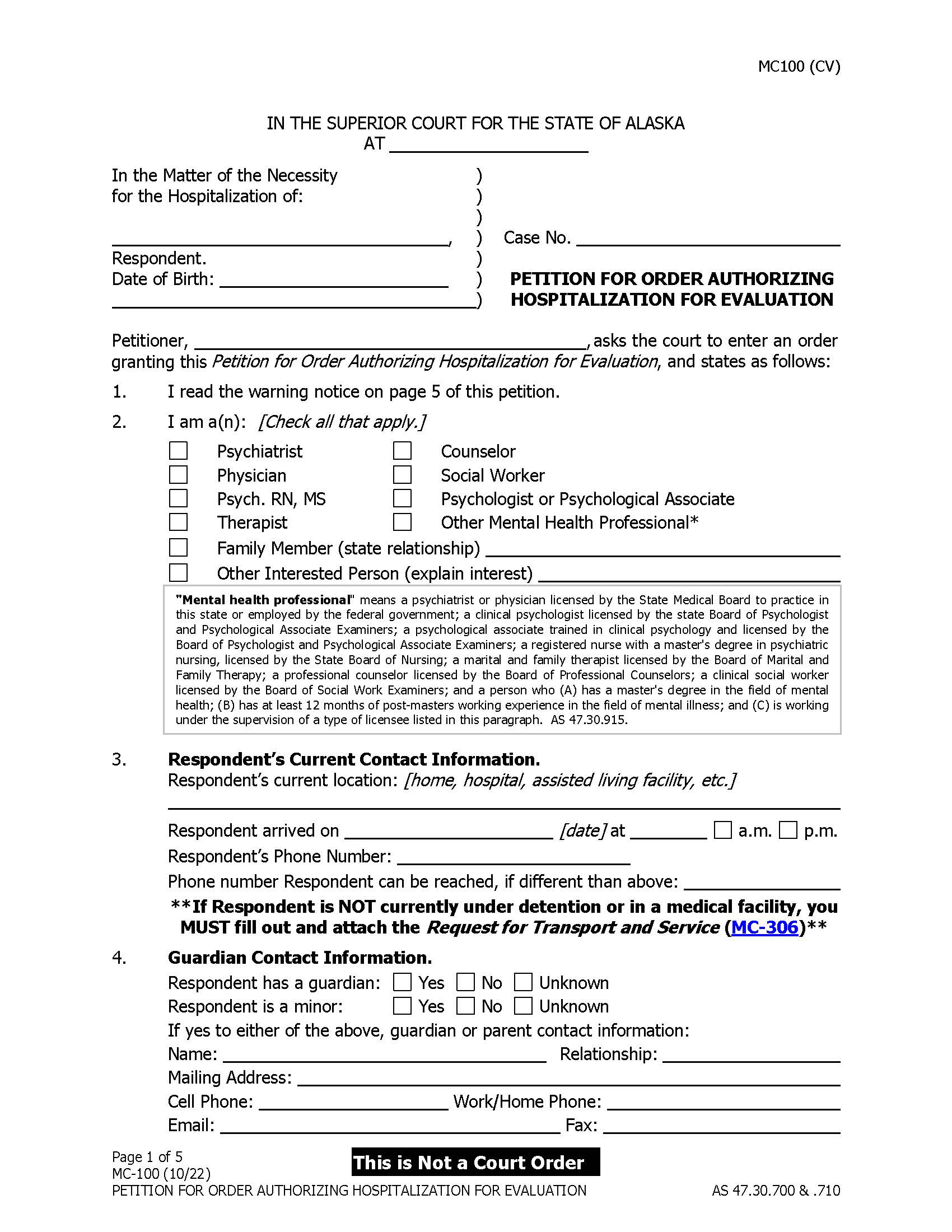 Petition For Order Authorizing Hospitalization For Evaluation {MC-100} | Pdf Fpdf Docx | Alaska