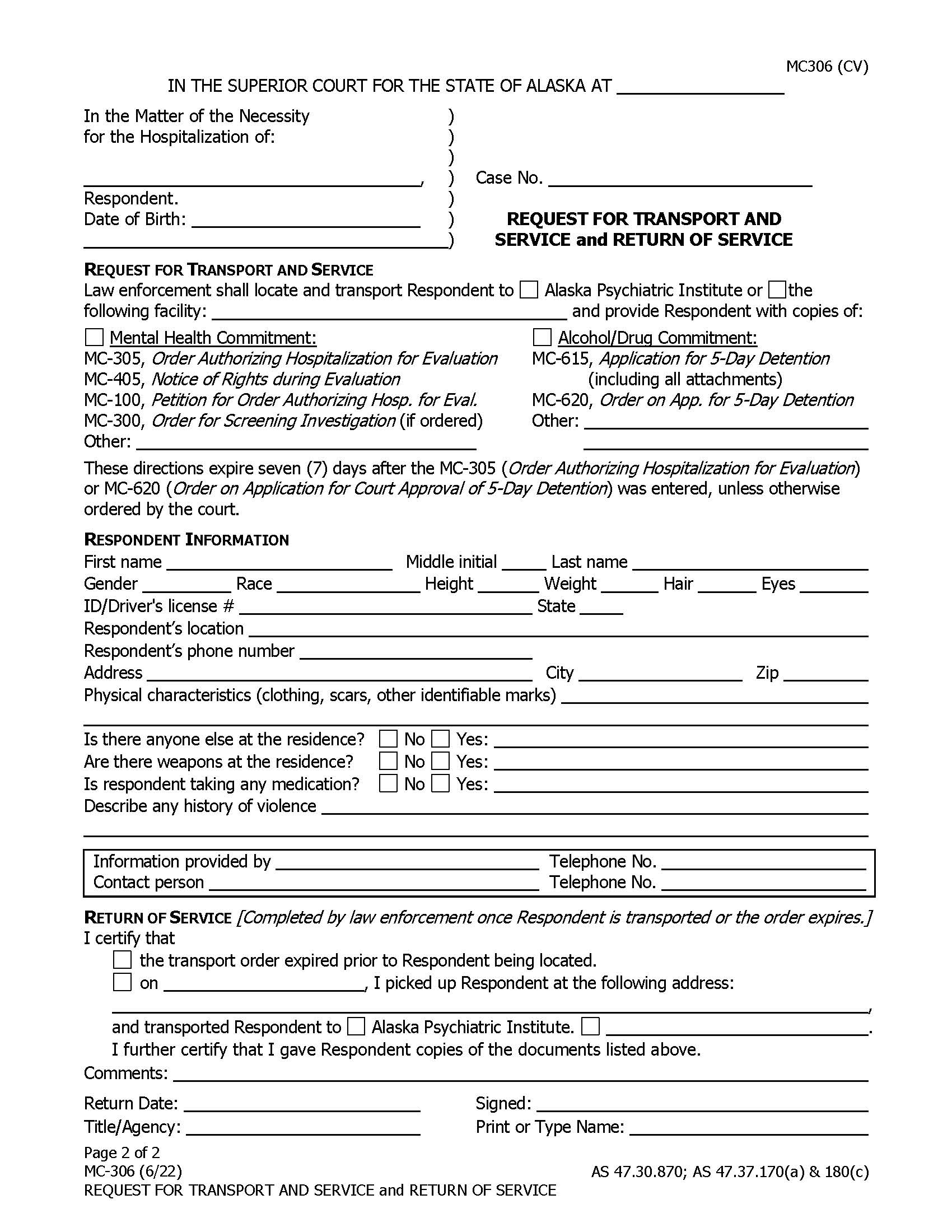 Request For Transport And Service And Return Of Service {MC-306} | Pdf Fpdf Docx | Alaska