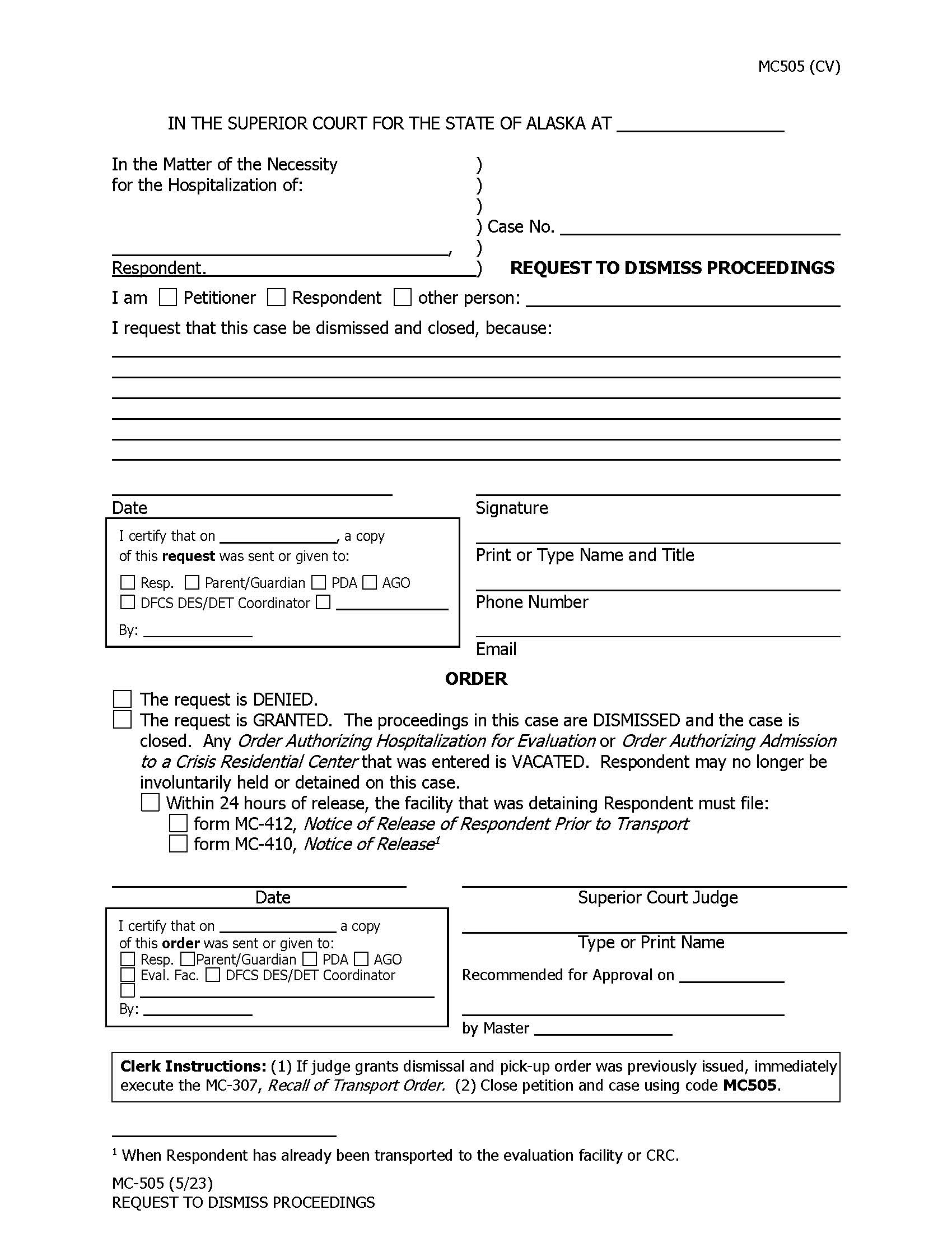 Request To Dismiss 72 Hour Hospitalization Proceedings {MC-505} | Pdf Fpdf Docx | Alaska