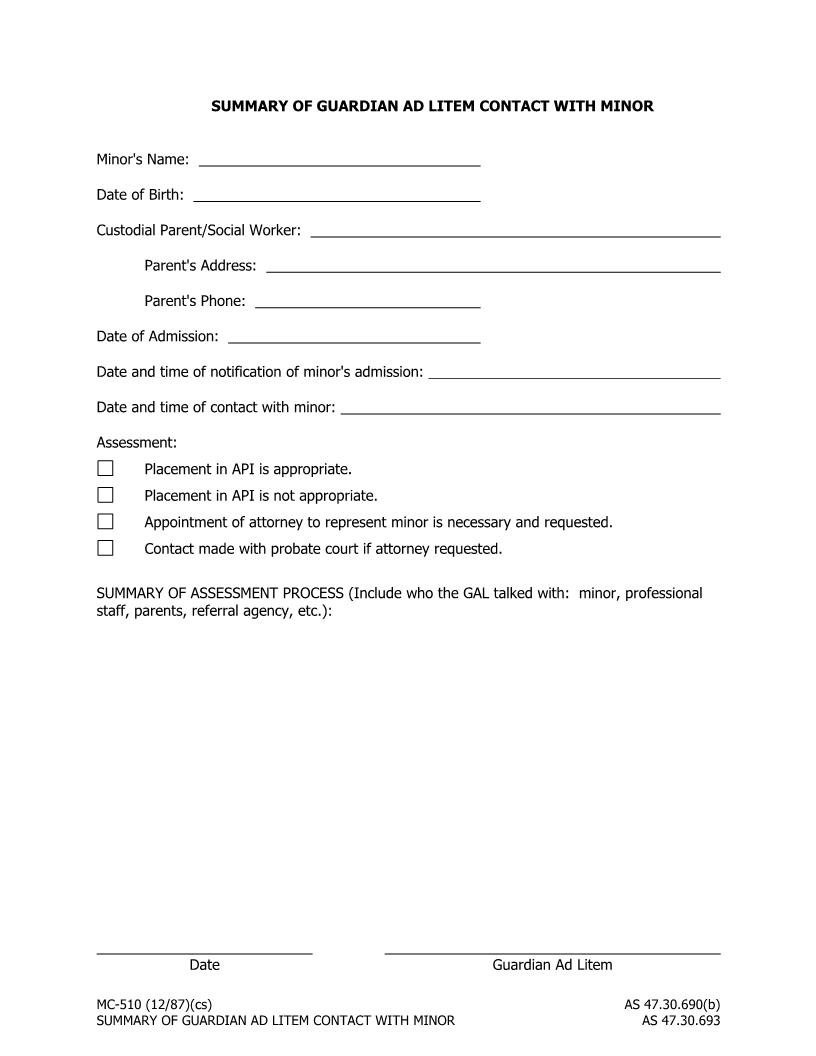 Summary Of Guardian Ad Litem Contact With Minor {MC-510} | Pdf Fpdf Doc Docx | Alaska