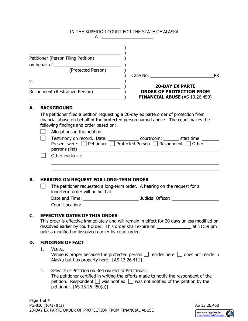 20-Day Ex Parte Order Of Protection From Financial Abuse {PG-810} | Pdf Fpdf Docx | Alaska