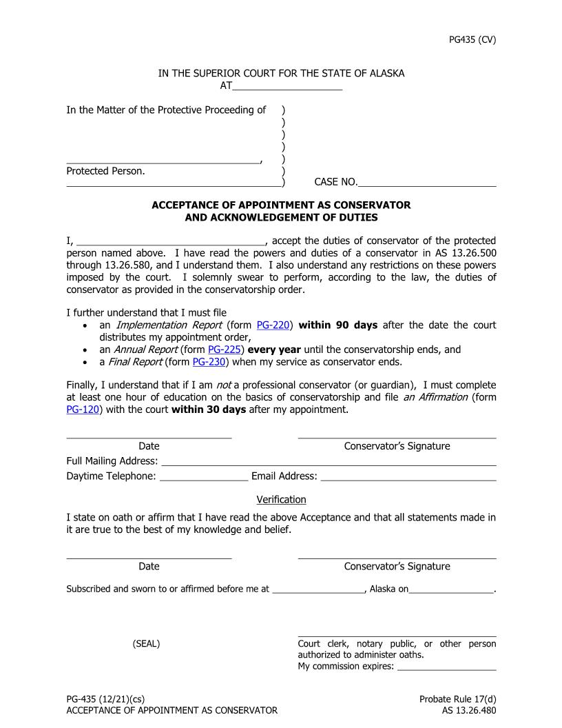 Acceptance Of Appointment As Conservator And Acknowledgement Of Duties {PG-435} | Pdf Fpdf Doc Docx | Alaska
