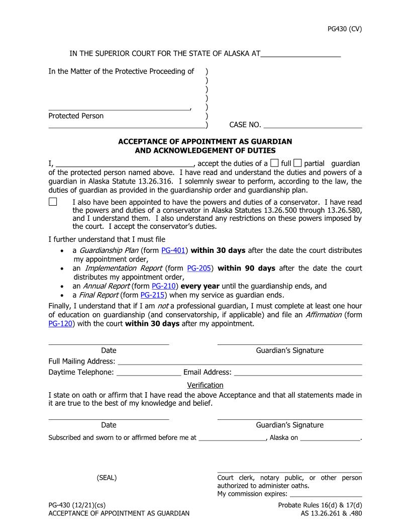 Acceptance Of Appointment As Guardian And Acknowledgement Of Duties {PG-430} | Pdf Fpdf Docx | Alaska
