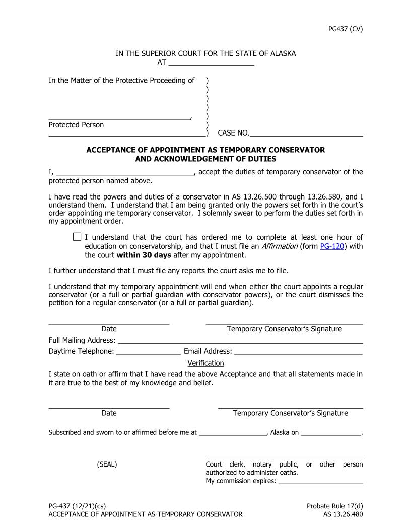 Acceptance Of Appointment As Temporary Conservator And Acknowledgement Of Duties {PG-437} | Pdf Fpdf Doc Docx | Alaska