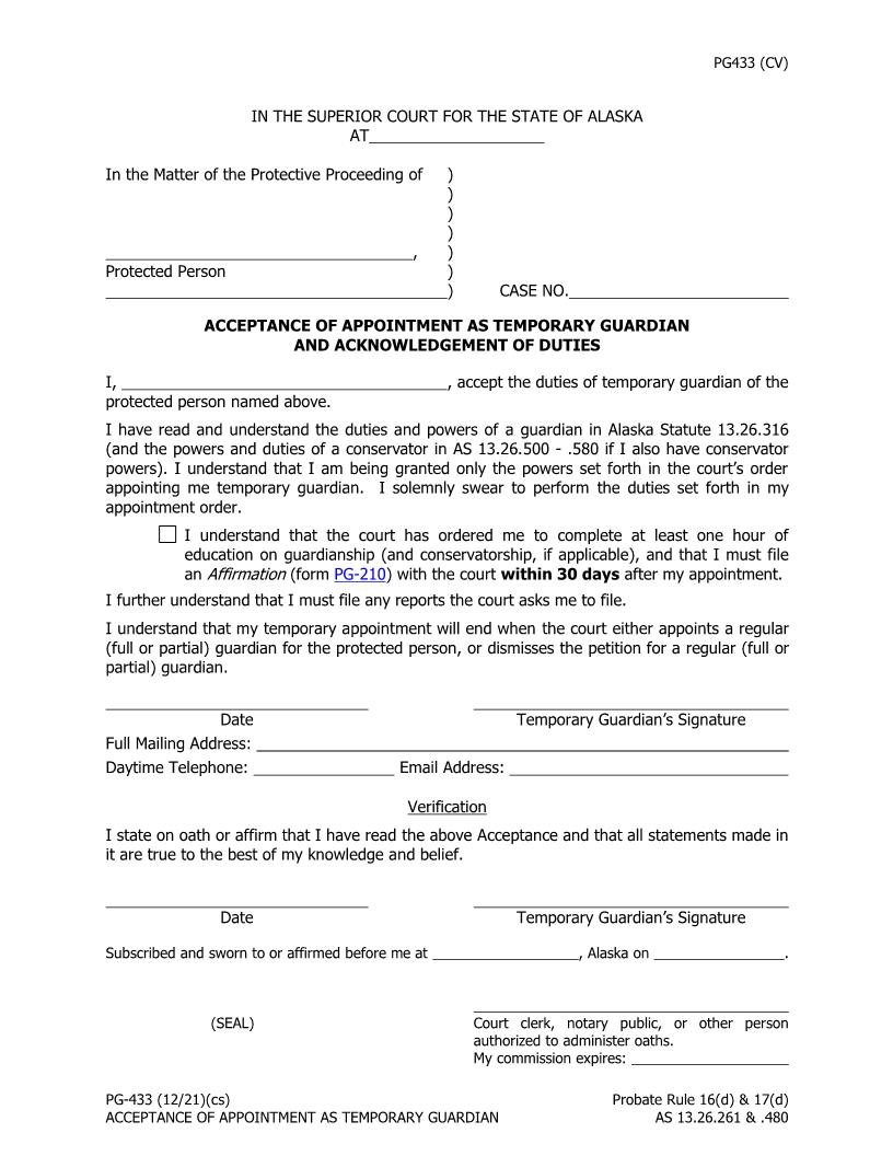 Acceptance Of Appointment As Temporary Guardian And Acknowledgement Of Duties {PG-433} | Pdf Fpdf Doc Docx | Alaska