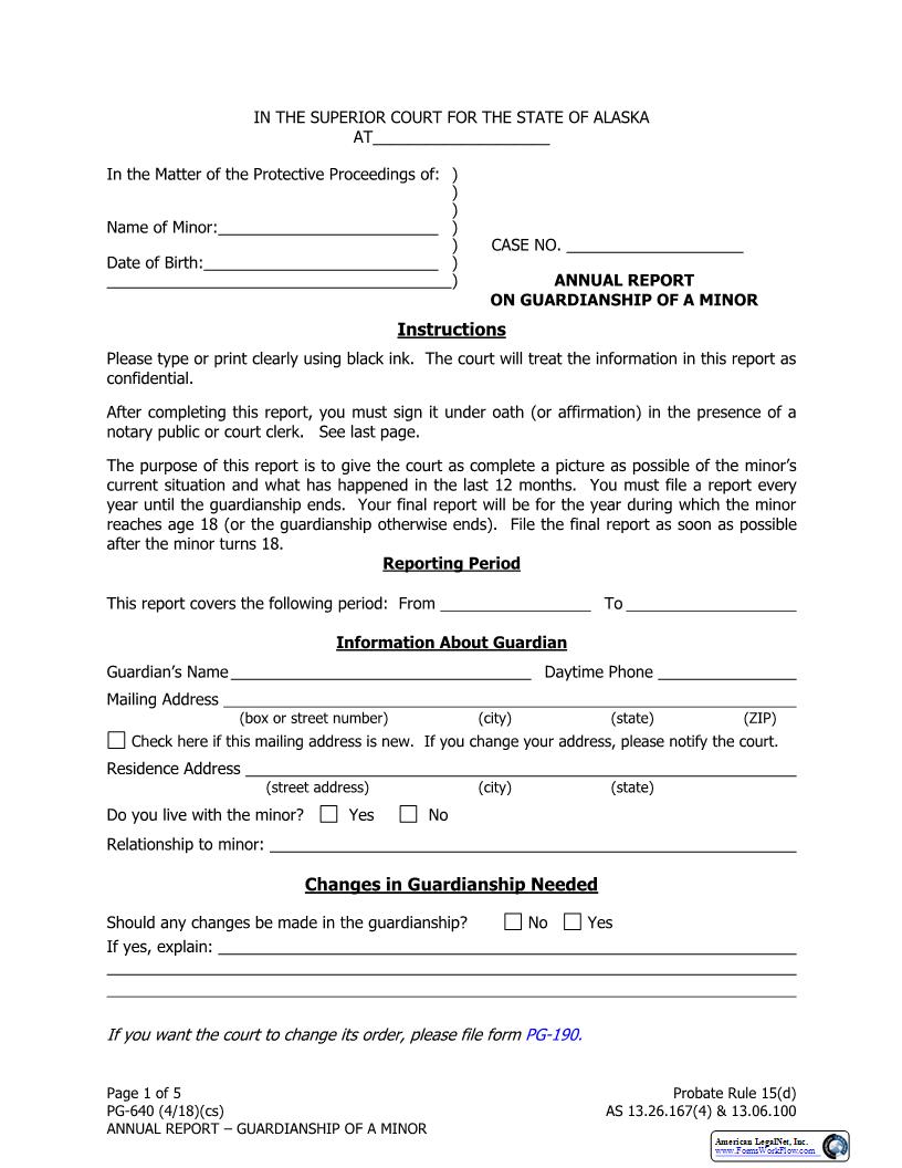 Annual Report On Guardianship Of A Minor {PG-640} | Pdf Fpdf Docx | Alaska
